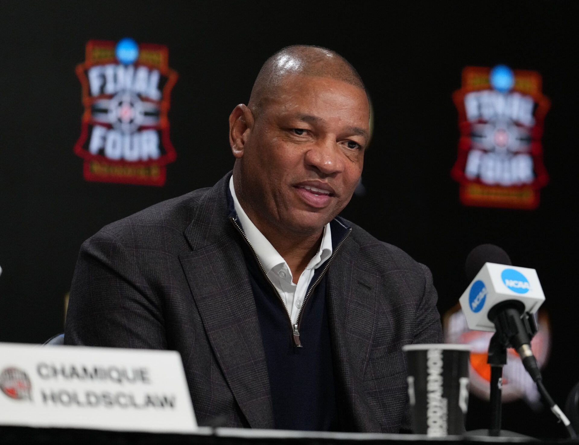 Doc Rivers during the Naismith Hall of Fame press conference at Lucas Oil Stadium.