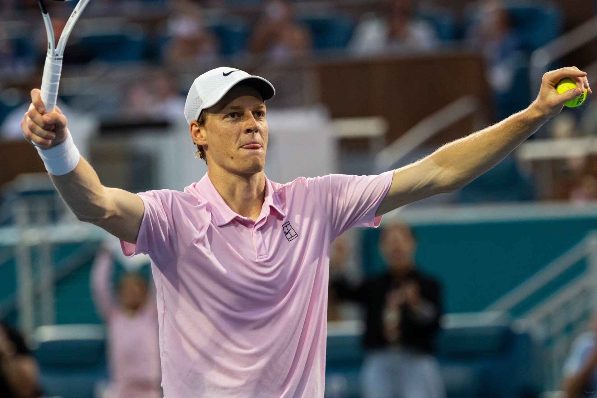 Jannik Sinner of Italy celebrates his victory over Jiri Lehecka of the Czech Republic in the final of the men’s singles at the Miami Open at the Hard Rock Stadium.