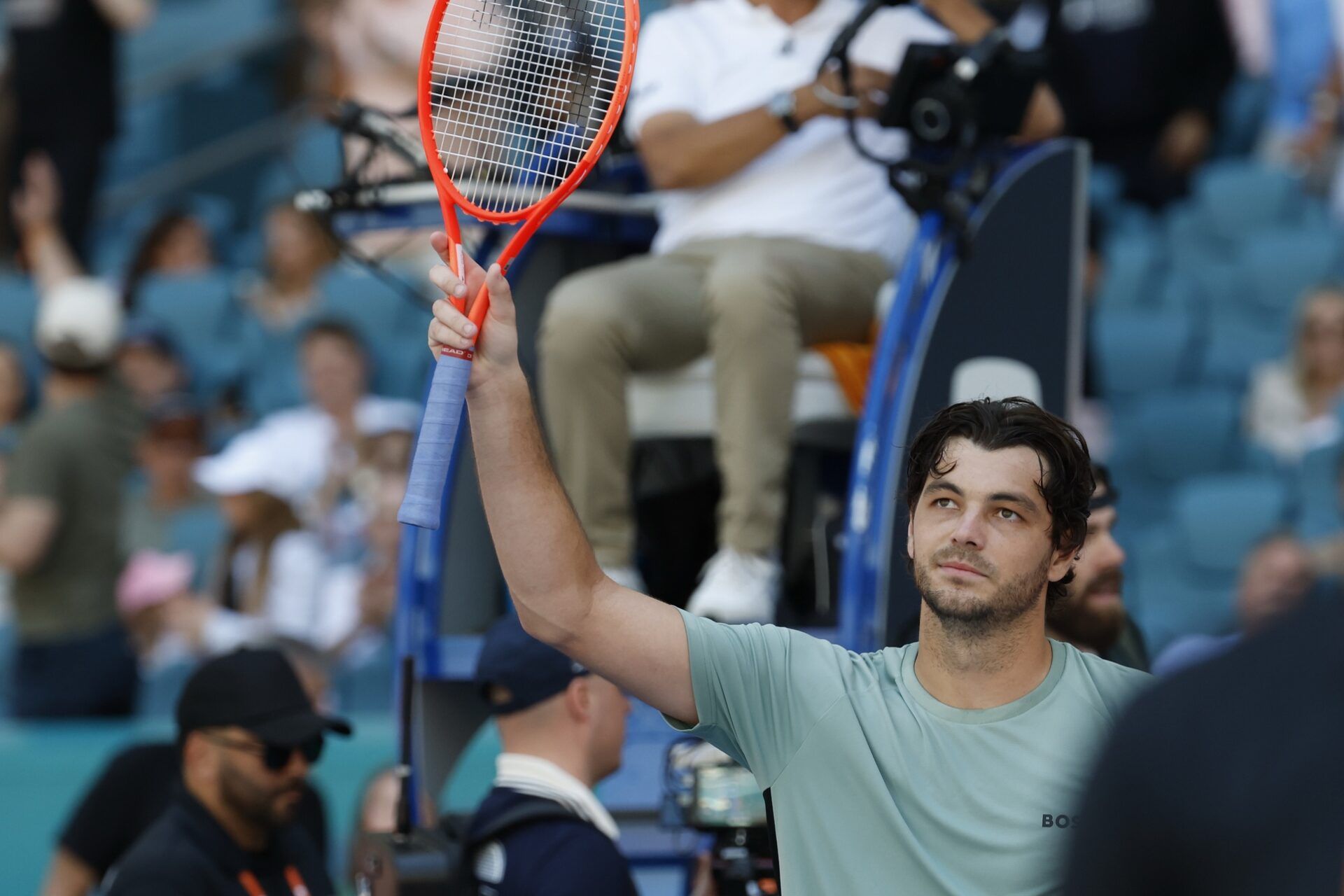 Taylor Fritz (USA) salutes the crowd after his match against Reilly Opelka (USA) (not pictured) on day six of the 2026 Miami Open at Hard Rock Stadium.