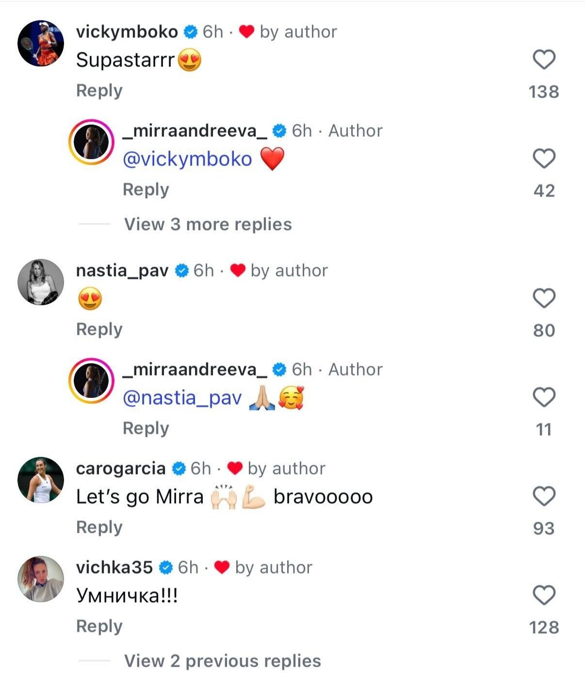 Comments from WTA stars on Mirra Andreeva's Instagram post