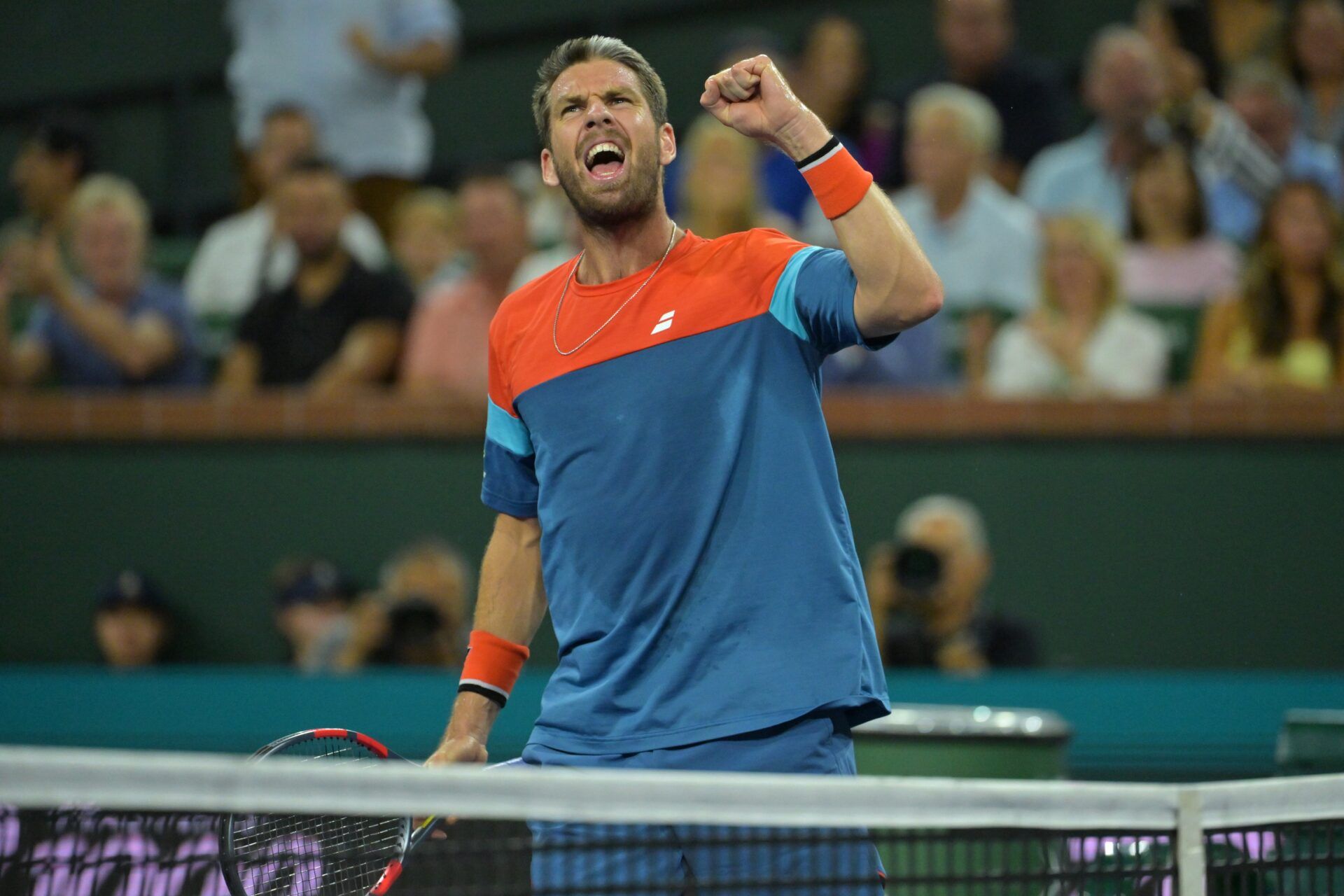 Cameron Norrie (GBR) reacts after a service break during his quarterfinal match Carlos Alcaraz (ESP) in the BNP Paribas Open at the Indian Wells Tennis Garden.