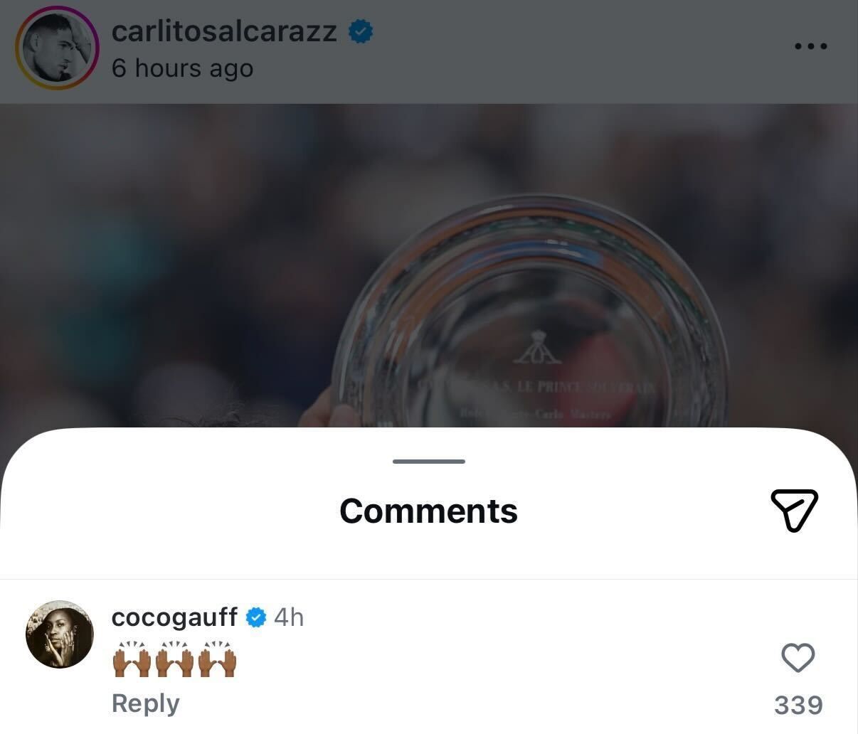 Screen grab of Coco Gauff's comment under Carlos Alcaraz's post