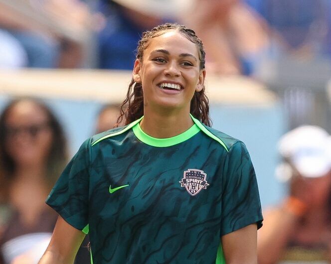 Washington Spirit forward Trinity Rodman (2) warms up before the match against Gotham FC at Sports Illustrated Stadium.