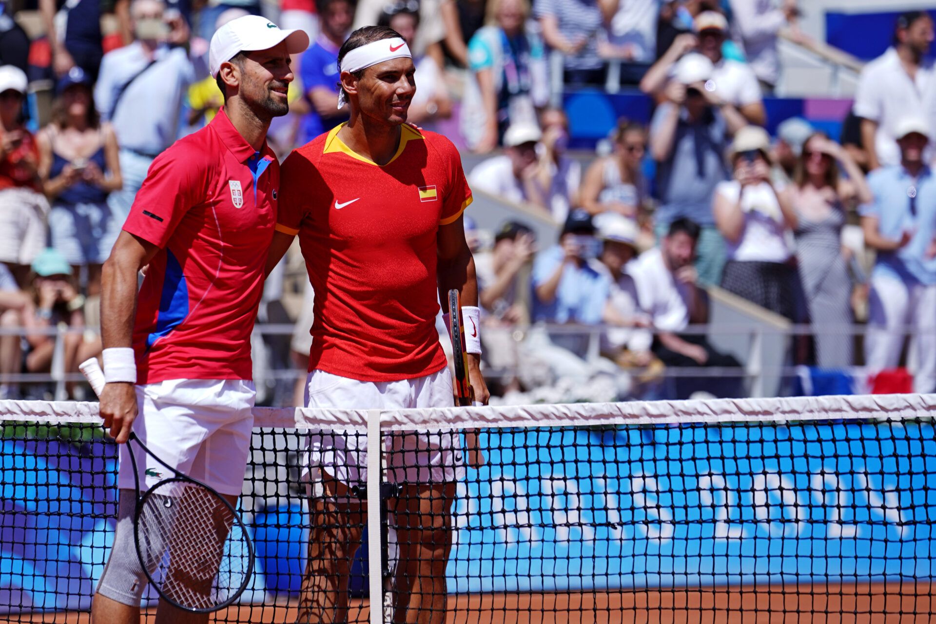 Novak Djokovic (SRB) plays against Rafael Nadal (ESP) in the men’s tennis singles second round during the Paris 2024 Olympic Summer Games at Stade Roland Garros.