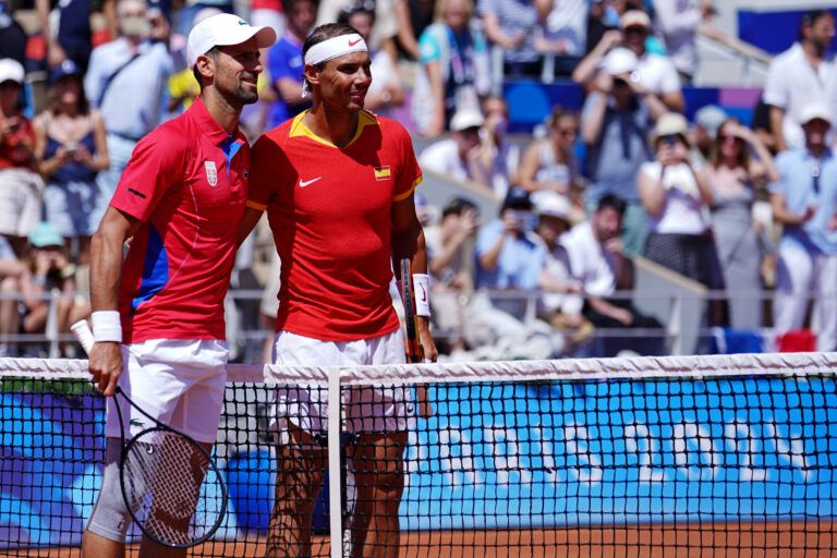 Novak Djokovic (SRB) plays against Rafael Nadal (ESP) in the men’s tennis singles second round during the Paris 2024 Olympic Summer Games at Stade Roland Garros.