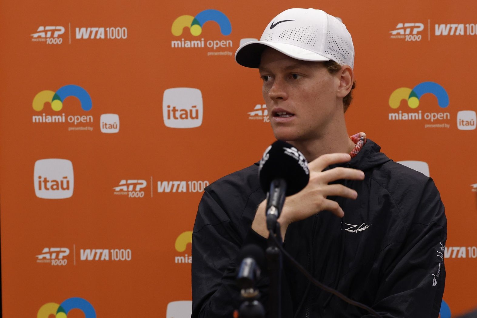 Jannik Sinner (ITA) speaks during his media availability on day 2 of the 2026 Miami Open at Hard Rock Stadium.