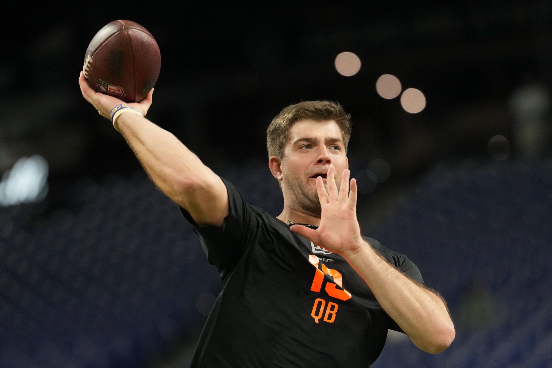 LSU quarterback Garrett Nussmeier (QB13) during the NFL Scouting Combine at Lucas Oil Stadium.