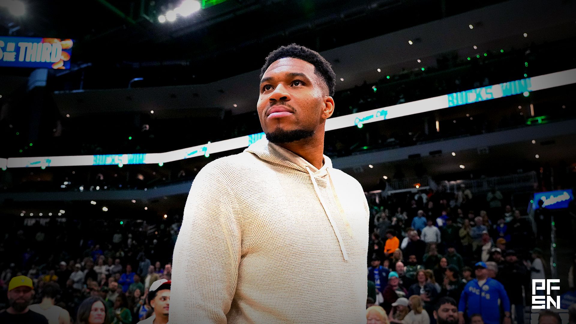 Milwaukee Bucks forward Giannis Antetokounmpo (34) looks around following the game against the Brooklyn Nets at Fiserv Forum.