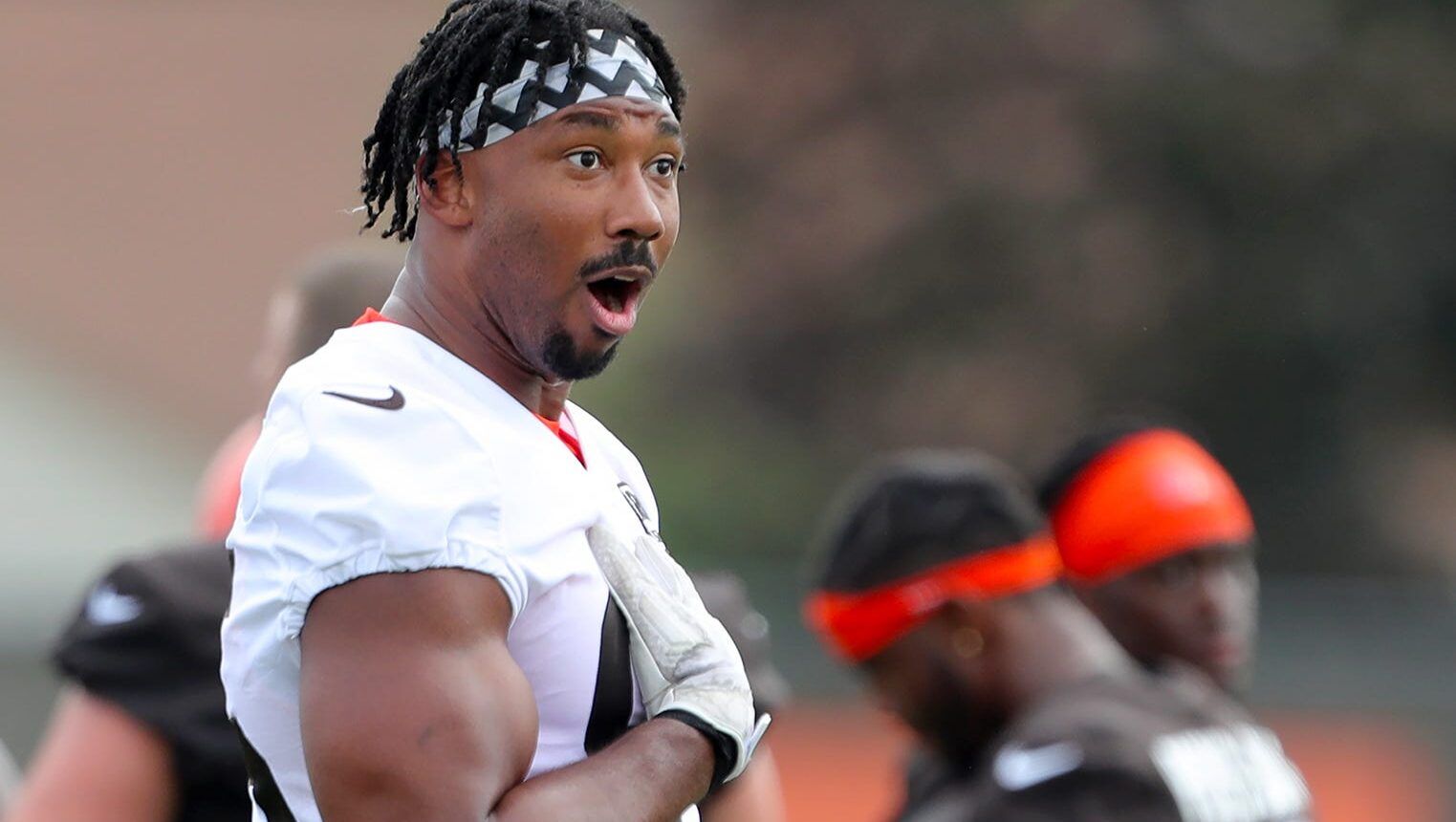 Cleveland Browns defensive end Myles Garrett reacts to a call made during the NFL football team's football training camp in Berea on Monday.

Camp Watson 14