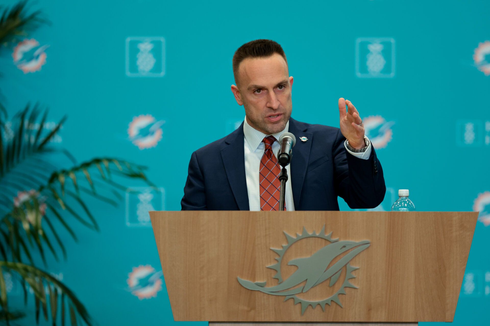 Miami Dolphins head coach Jeff Hafley speaks to reporters during his introductory press conference at Baptist Health Training Complex.