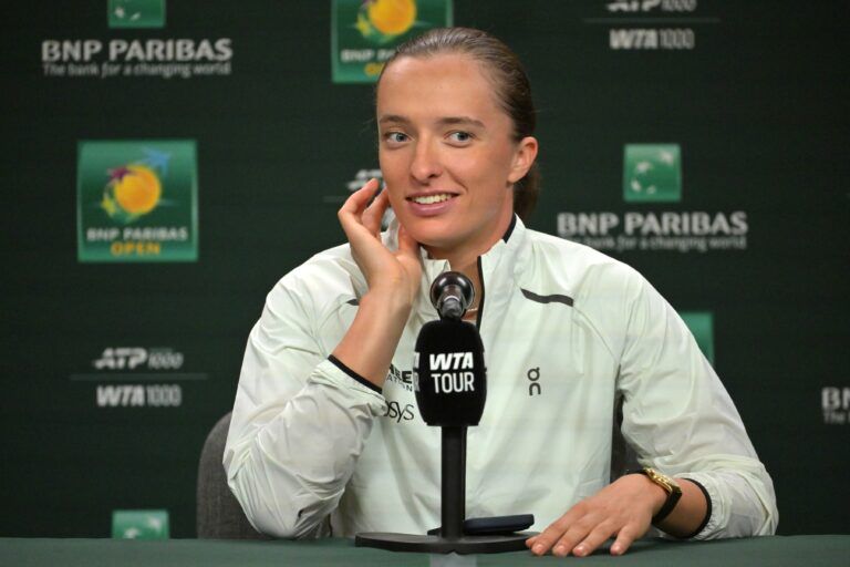 Iga Swiatek (POL) speaks to the media at a news conference during the BNP Paribas Open at the Indian Wells Tennis Garden.
