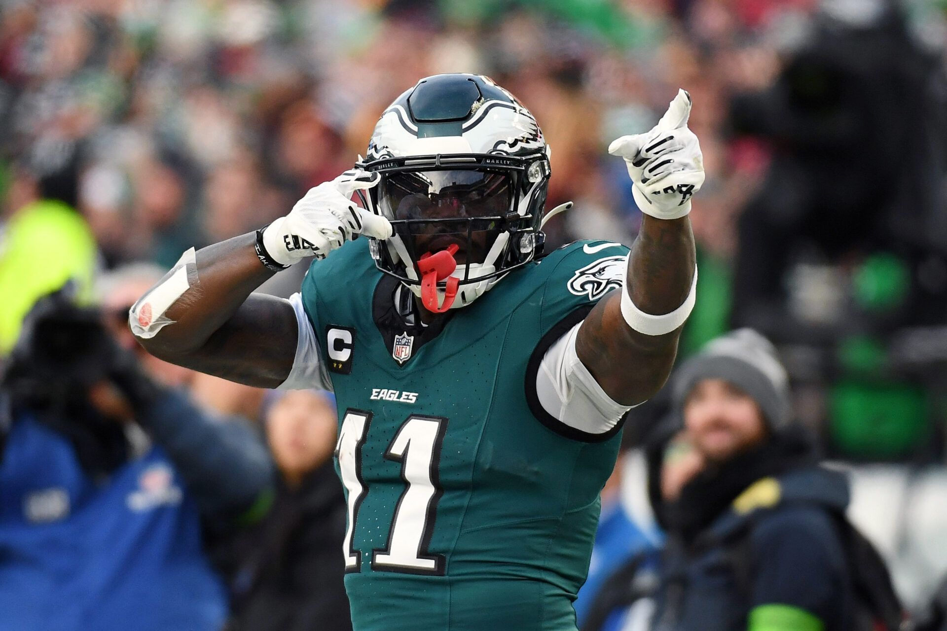 Philadelphia Eagles wide receiver A.J. Brown (11) reacts after a play against the Washington Commanders during the first half in the NFC Championship game at Lincoln Financial Field.
