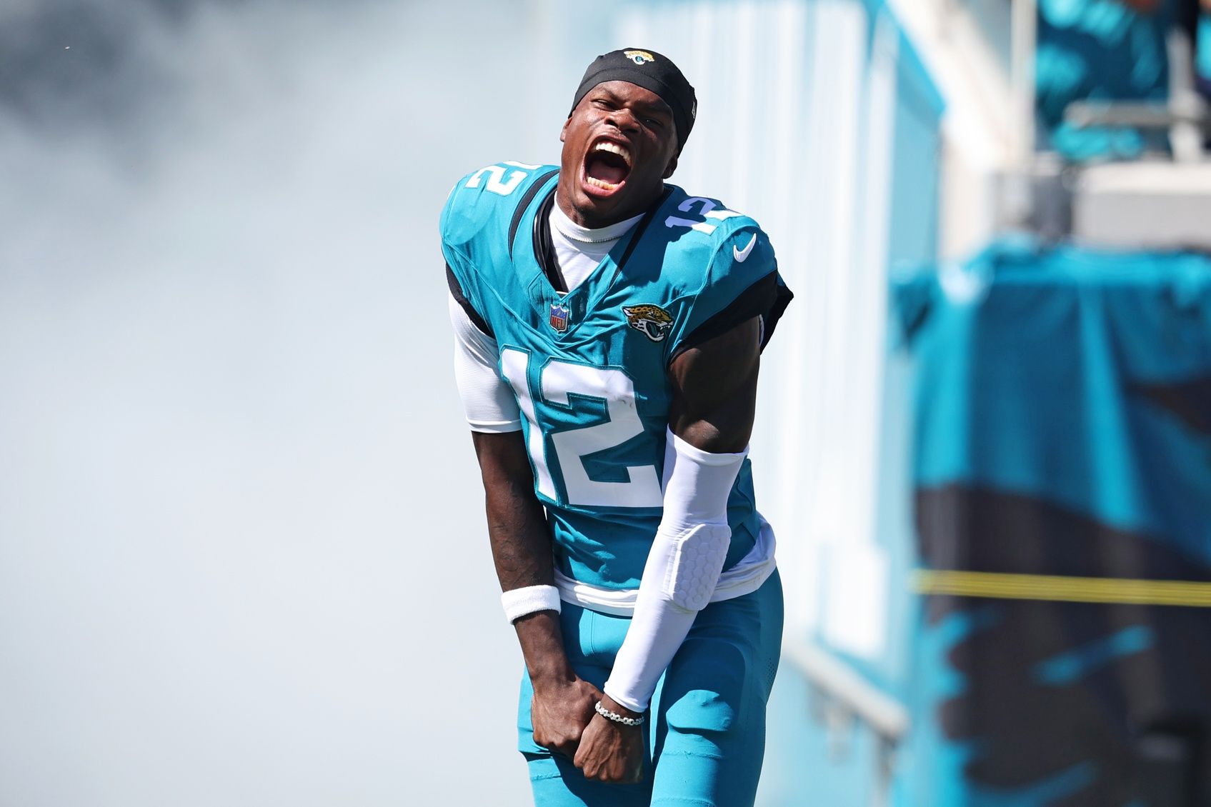 Jacksonville Jaguars wide receiver Travis Hunter (12) runs on the field before the game against the Seattle Seahawks at EverBank Stadium.