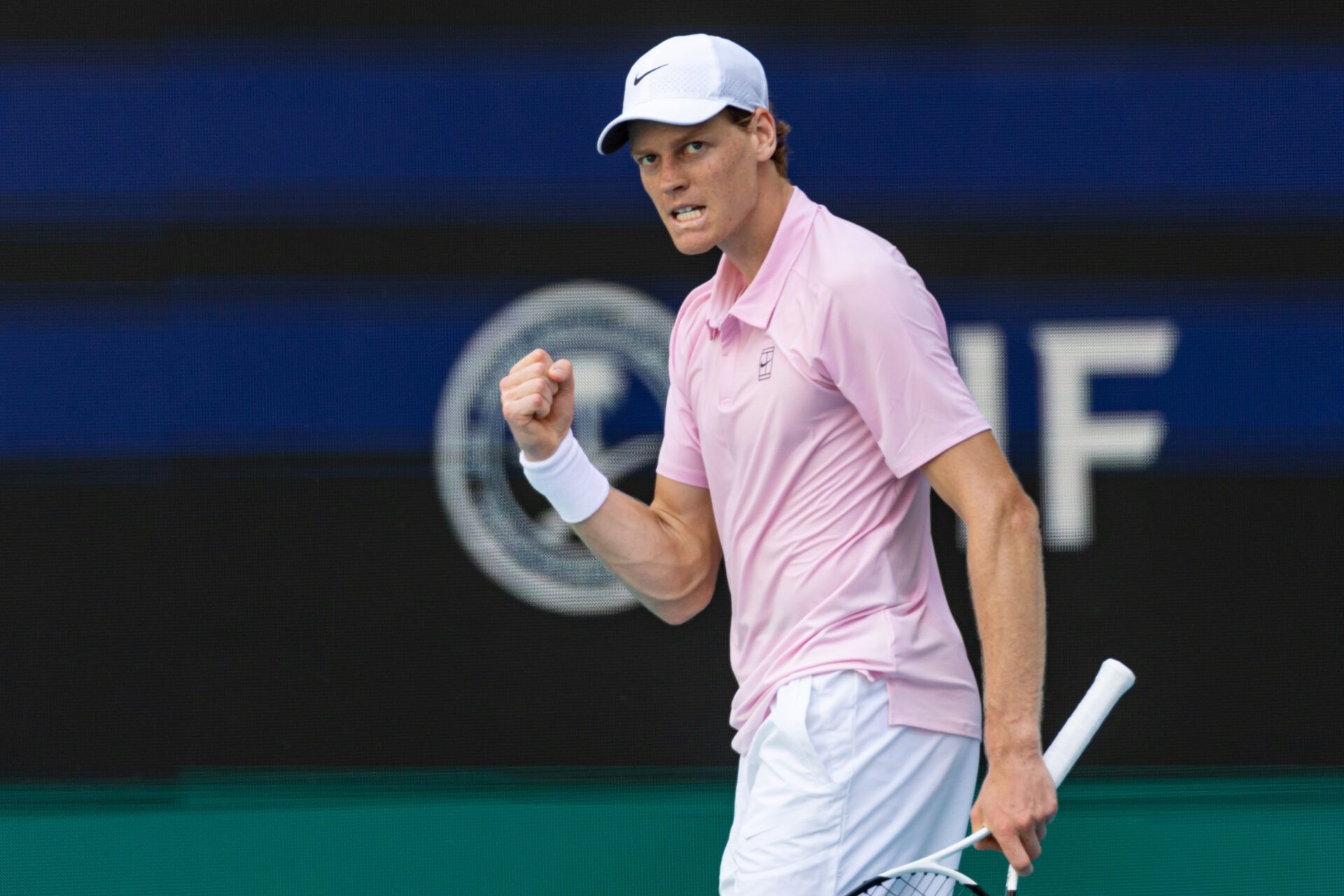 Jannik Sinner of Italy reacts during a match against Frances Tiafoe of the United States in the quarter finals of the menÕs singles at the Miami Open at Hard Rock Stadium.