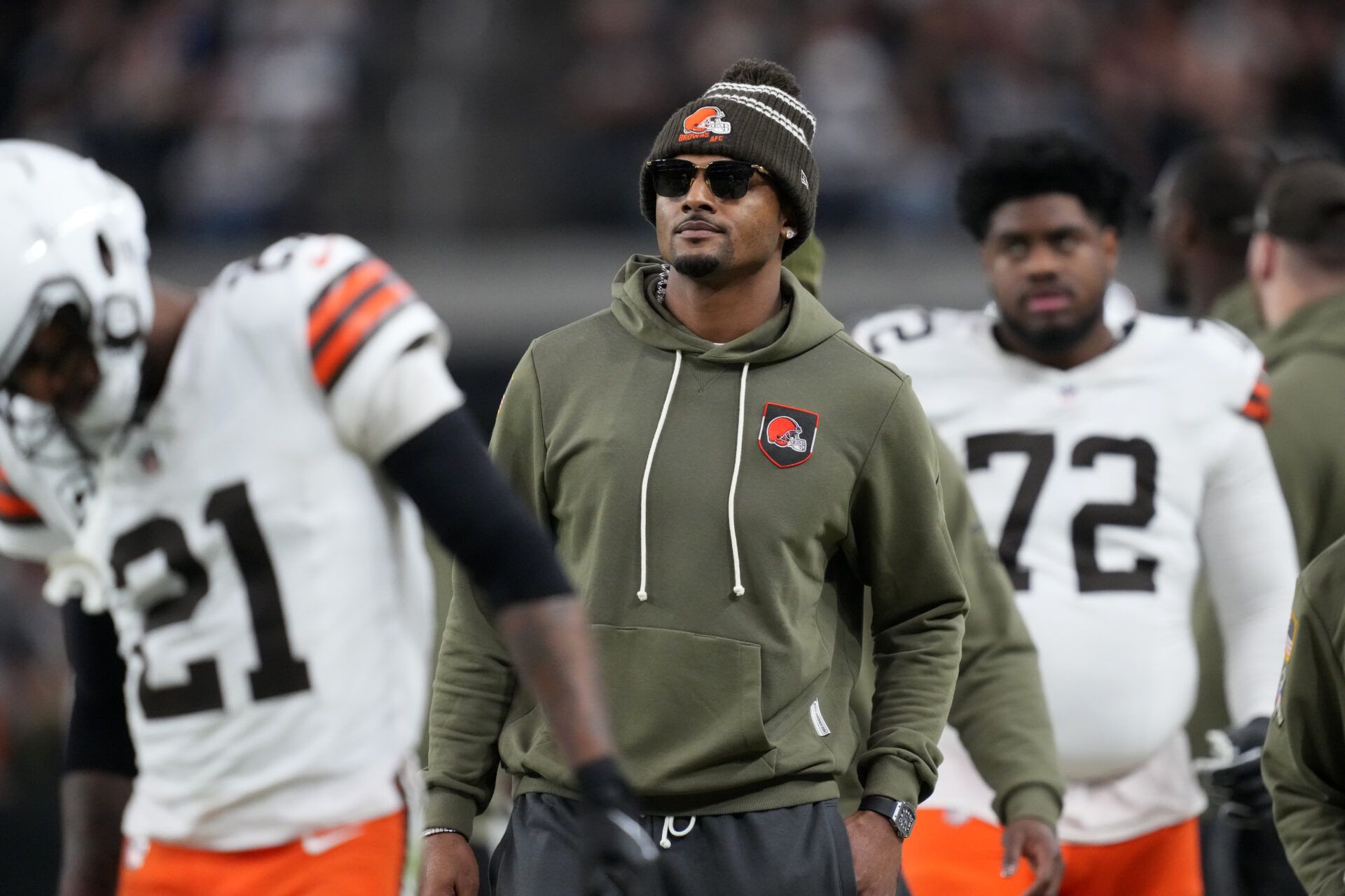 Cleveland Browns quarterback Deshaun Watson watches on the sidelines against the Las Vegas Raiders in the second half at Allegiant Stadium.