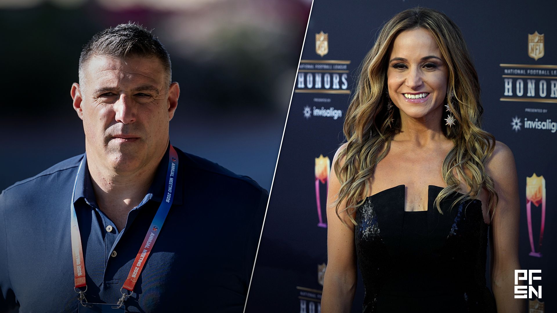 Dianna Russini appears on the red carpet prior to the NFL Honors awards presentation at YouTube Theater. Mandatory Credit: Kirby Lee-Imagn Images

Mar 30, 2026; Phoenix, AZ, USA; New England Patriots head coach Mike Vrabel during the 2026 NFL Annual League Meeting at the Arizona Biltmore.