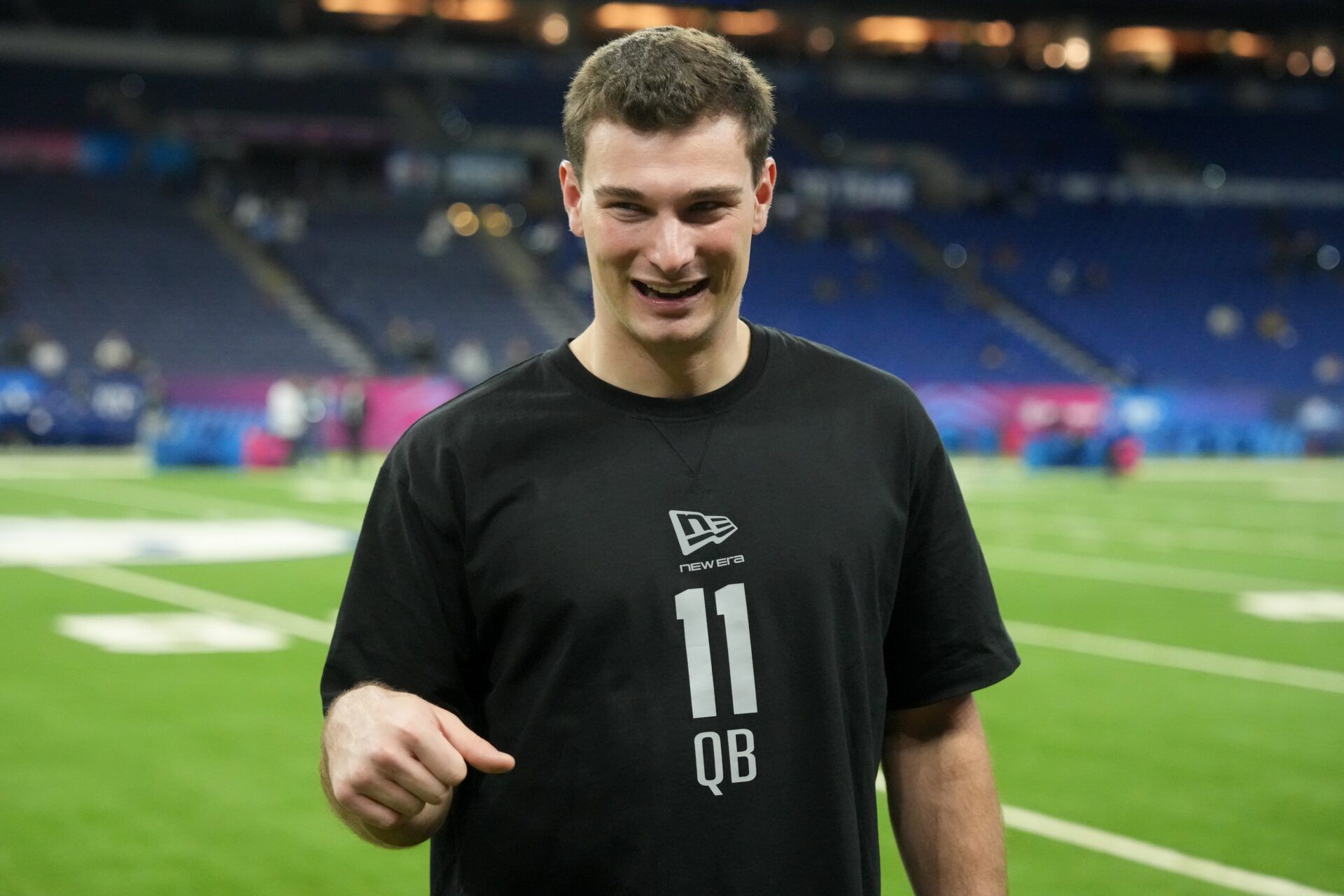 Indiana quarterback Fernando Mendoza (QB11) during the NFL Scouting Combine at Lucas Oil Stadium.