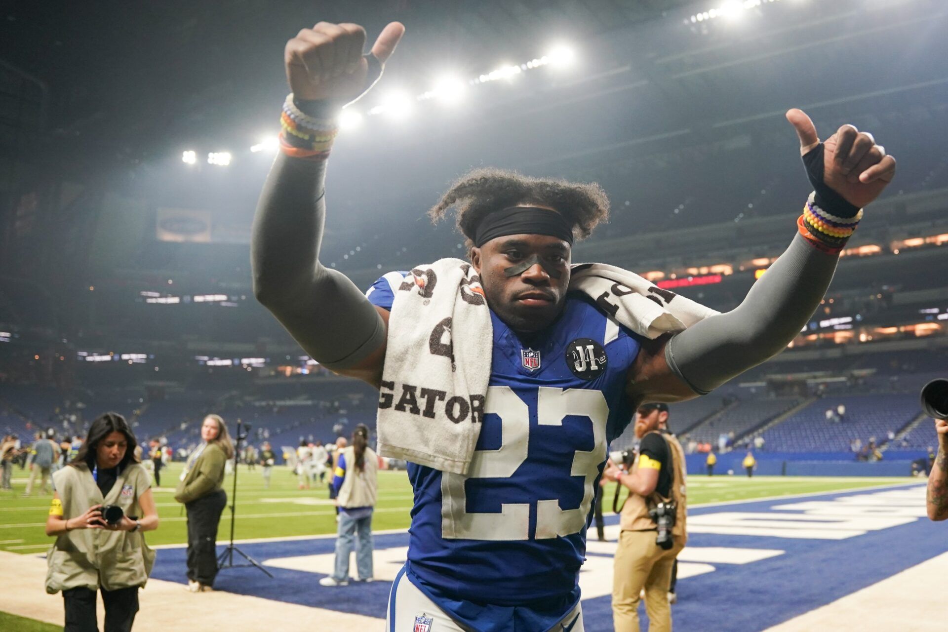 Indianapolis Colts cornerback Kenny Moore II (23) celebrates after the game against the Tennessee Titans at Lucas Oil Stadium.