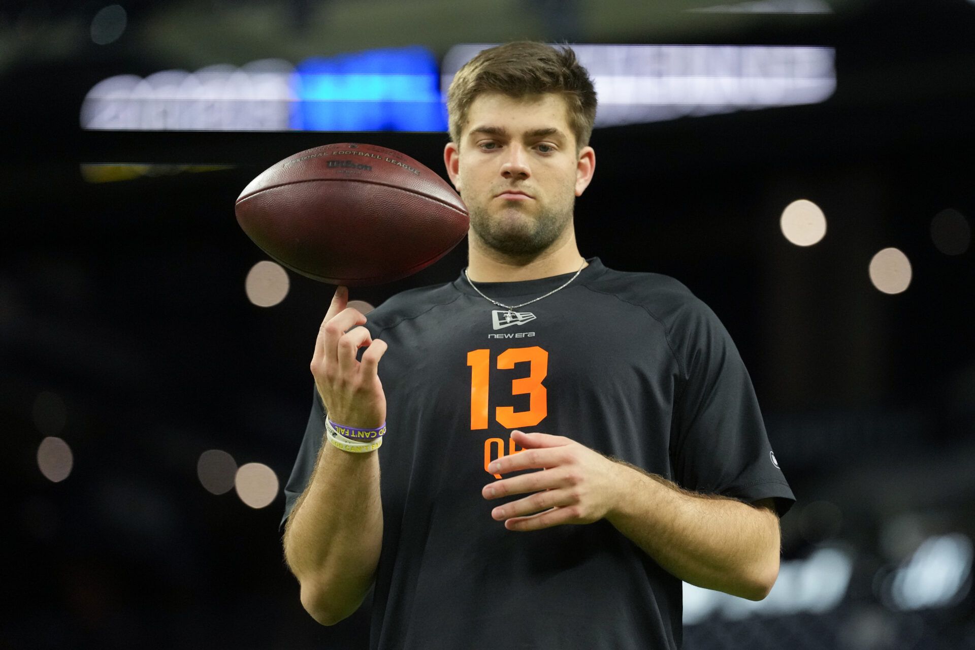 LSU quarterback Garrett Nussmeier (QB13) during the NFL Scouting Combine at Lucas Oil Stadium.