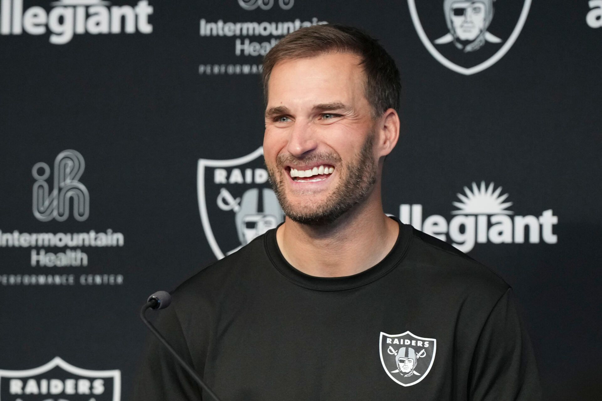 Las Vegas Raiders quarterback Kirk Cousins speaks at a  press conference at Intermountain Health Performance Center.
