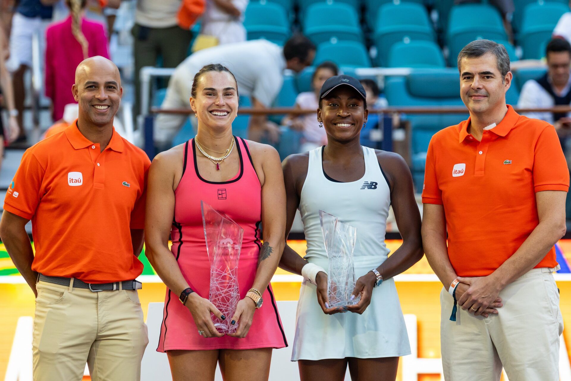 Aryna Sabalenka of Belarus poses with the Butch Buchholz Championship trophy after defeating Coco Gauff of the United States in the final of the womenÕs singles at the Hard Rock Stadium.