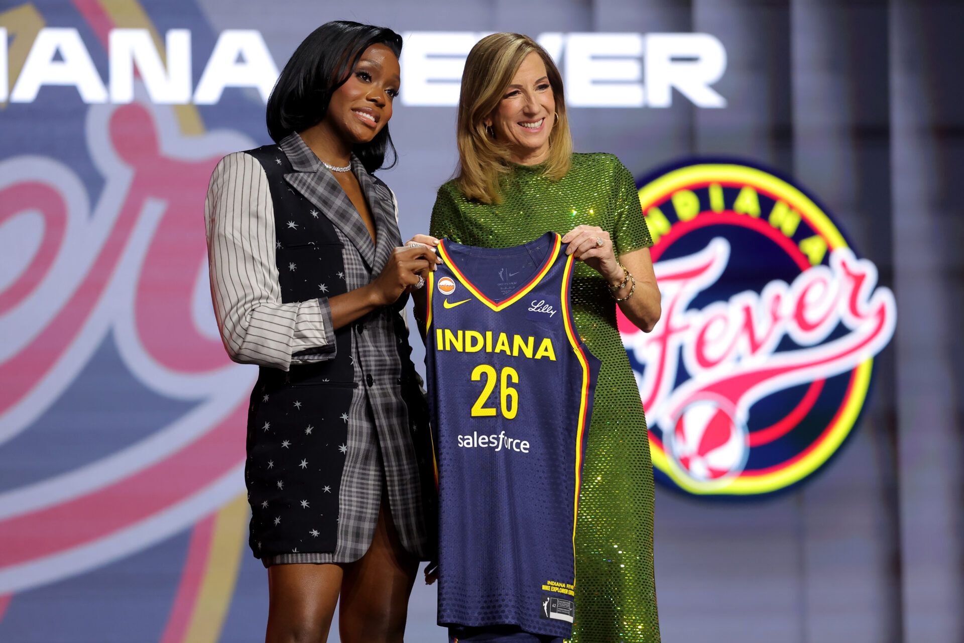 WNBA Commissioner Cathy Engelbert (right) poses for photos with Raven Johnson who was selected tenth overall by the Indiana Fever during the 2026 WNBA Draft at The Shed at Hudson Yards.
