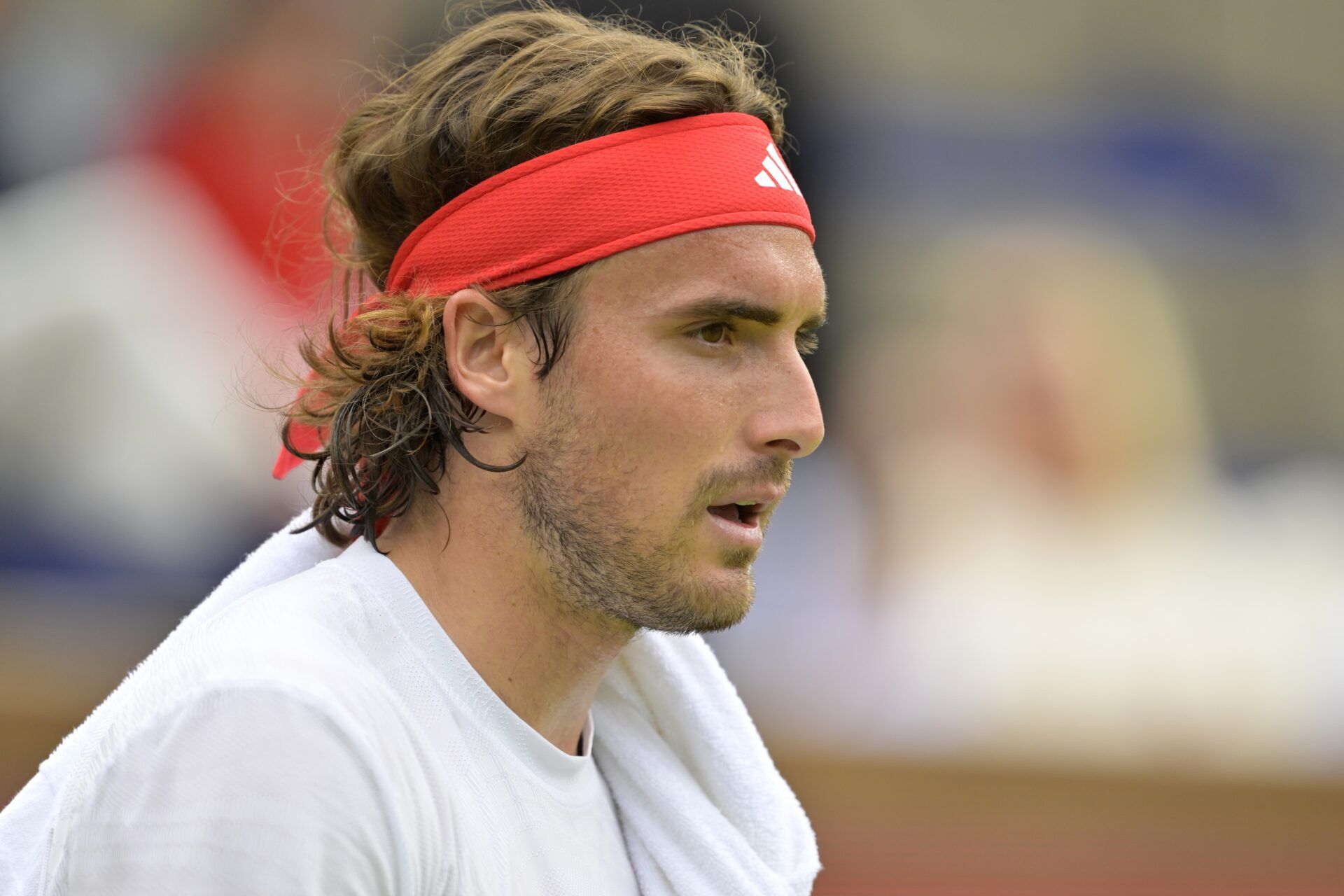 Stefanos Tsitsipas (GRE) looks on during his fourth round match against Holger Rune (not pictured) at the BNP Paribas Open the at Indian Well Tennis Garden.