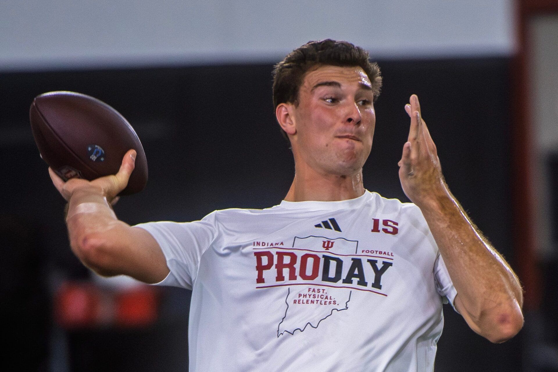 Fernando Mendoza participates in Indiana University's Pro Day at Mellencamp Pavilion on Wednesday, April 1, 2026.