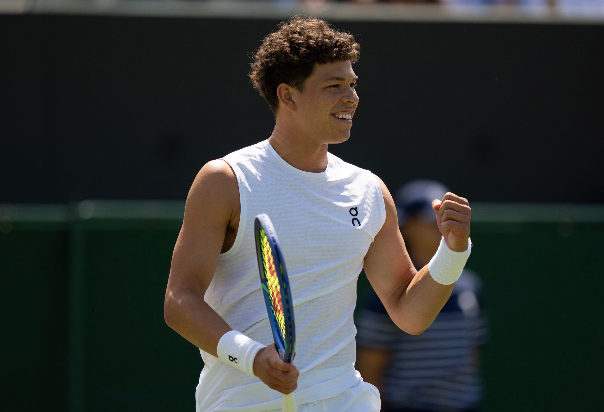 Ben Shelton of the United States celebrates winning his match against Rinky Hijikata of Australia on day five at the All England Lawn Tennis and Croquet Club.