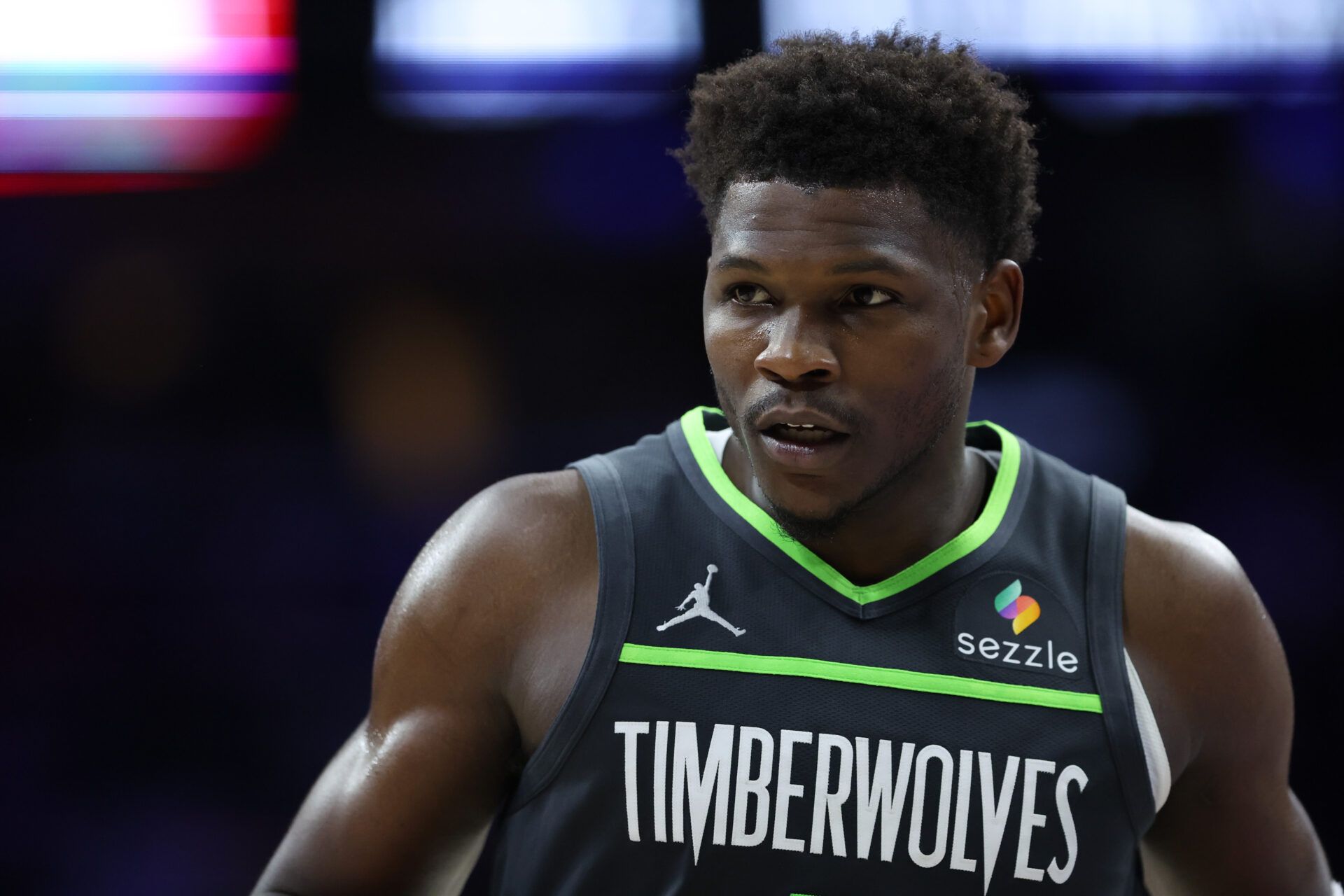 Minnesota Timberwolves guard Anthony Edwards (5) looks on against the Philadelphia 76ers during the second quarter at Xfinity Mobile Arena.