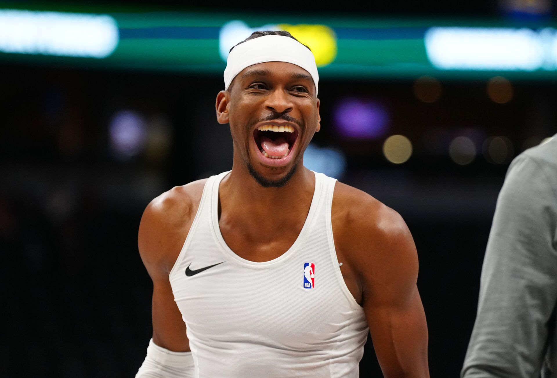 Oklahoma City Thunder guard Shai Gilgeous-Alexander (2) reacts before the game against the Denver Nuggets at Ball Arena.