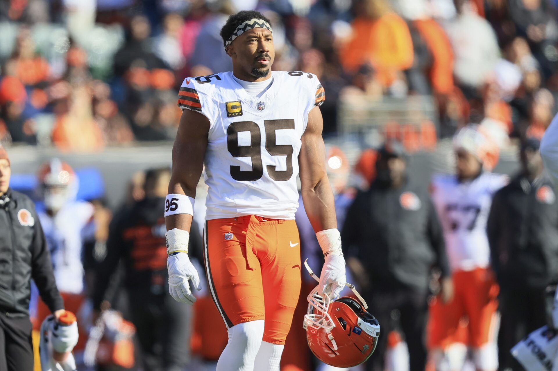 Cleveland Browns defensive end Myles Garrett (95) walks on the field during the first half against the Cincinnati Bengals at Paycor Stadium.