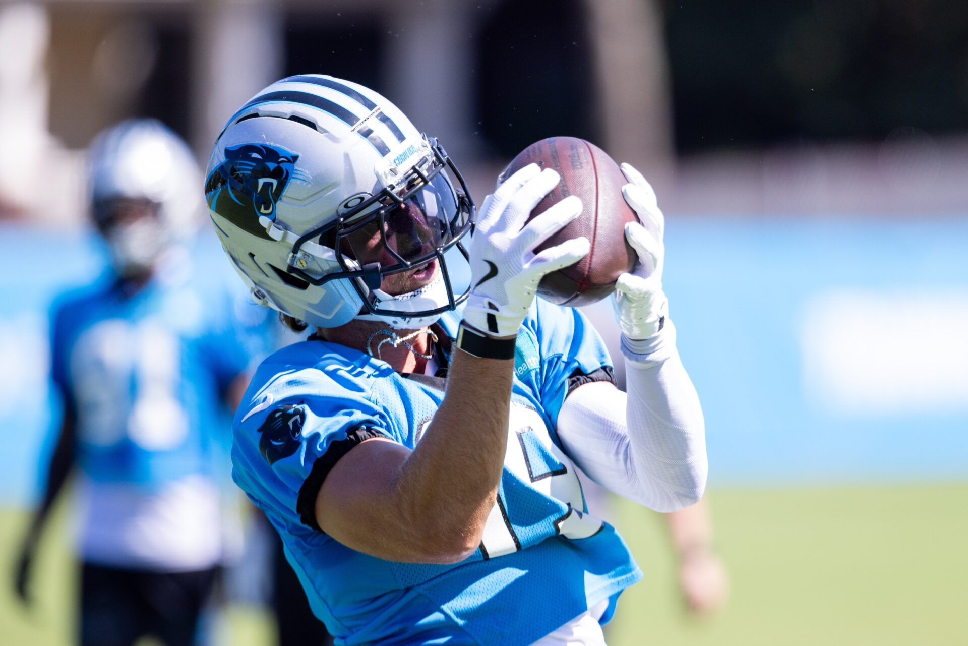Carolina Panthers wide receiver Adam Thielen (19) makes a catch during training camp.
