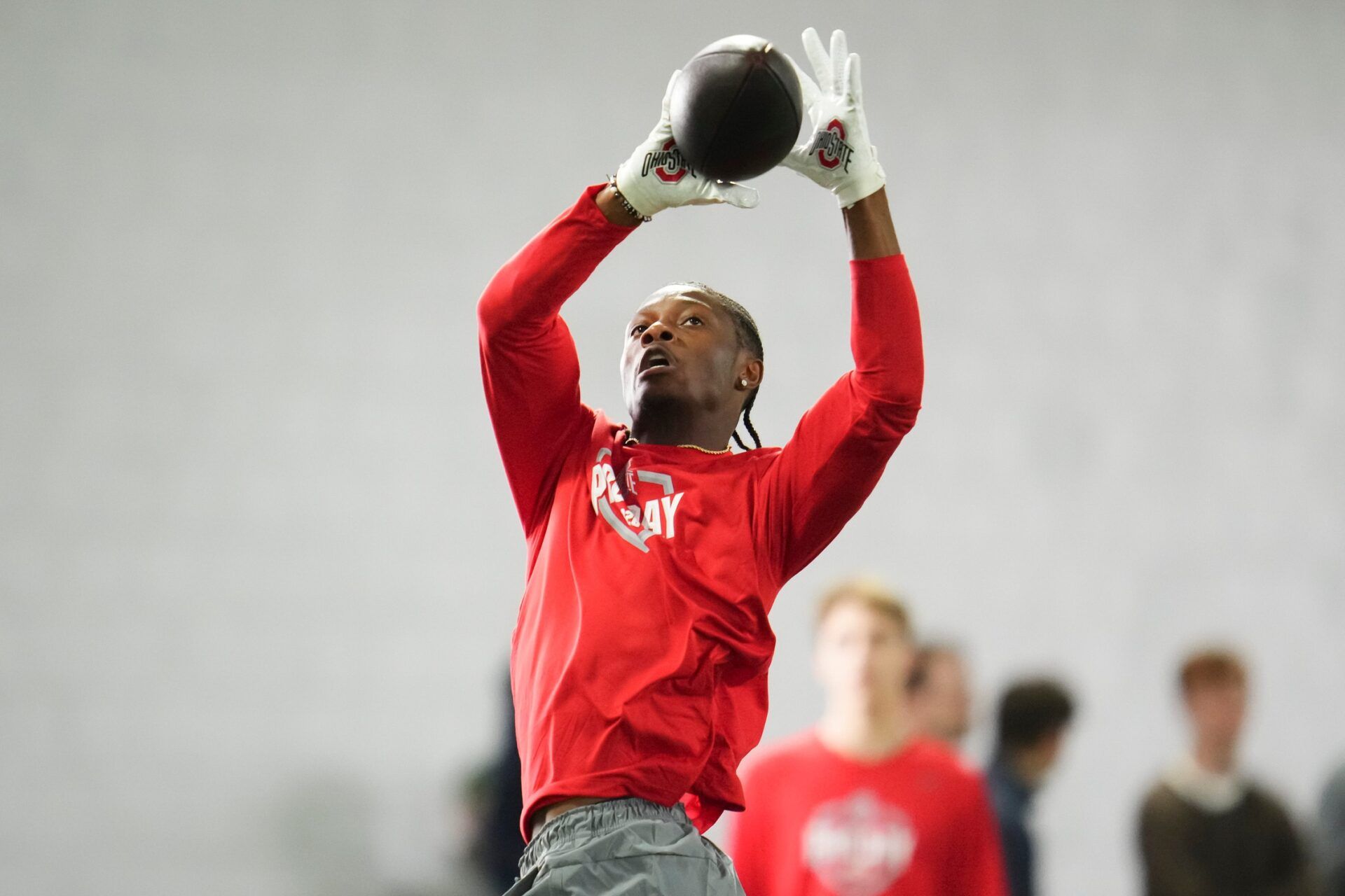 Ohio State Buckeyes wide receiver Carnell Tate catches a ball during Pro Day for NFL scouts at the Woody Hayes Athletics Center on March 25, 2026.