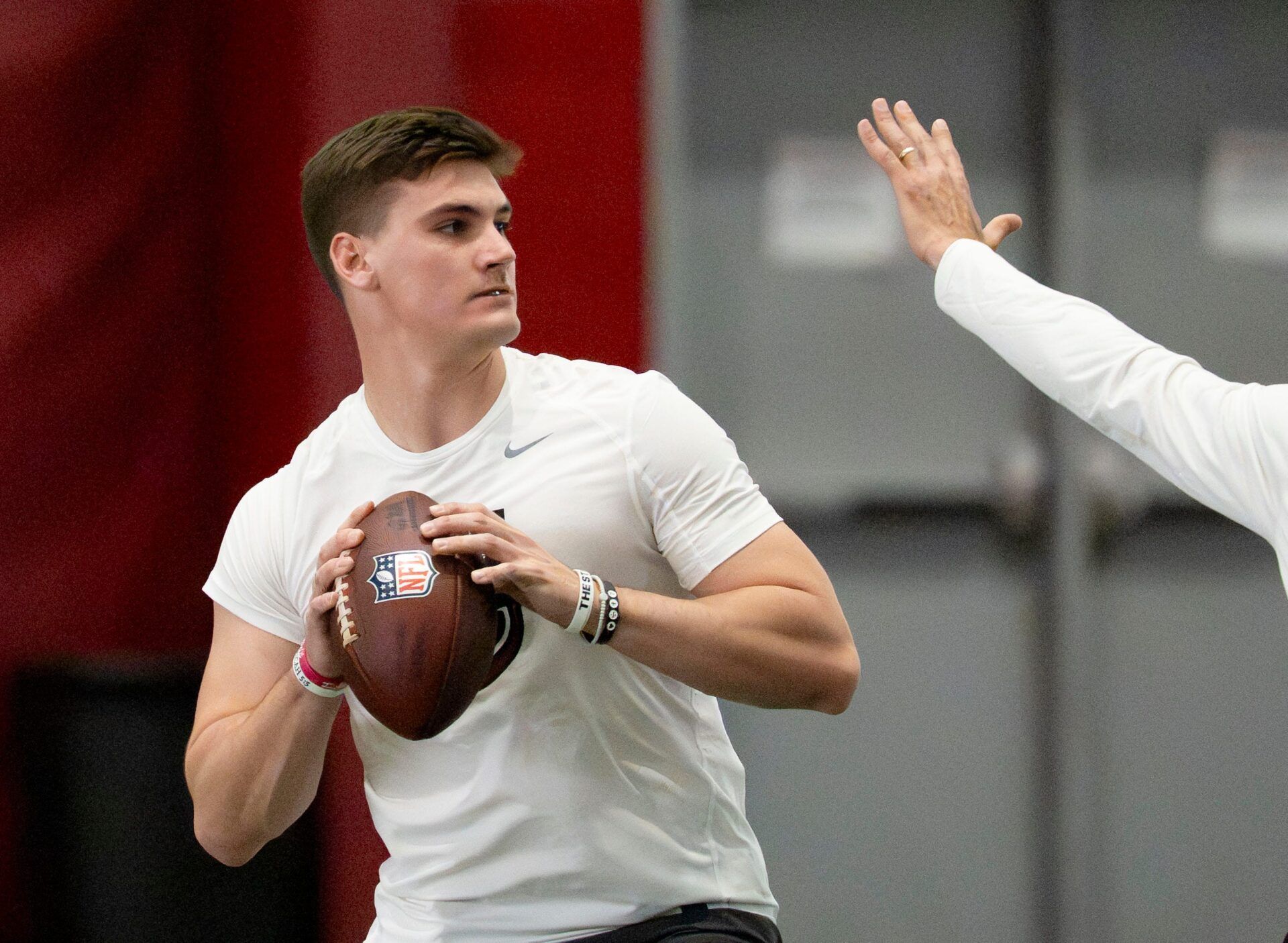 Quarterback Ty Simpson throws during Pro Day in the Hank Crisp Indoor Practice Facility at the University of Alabama.
