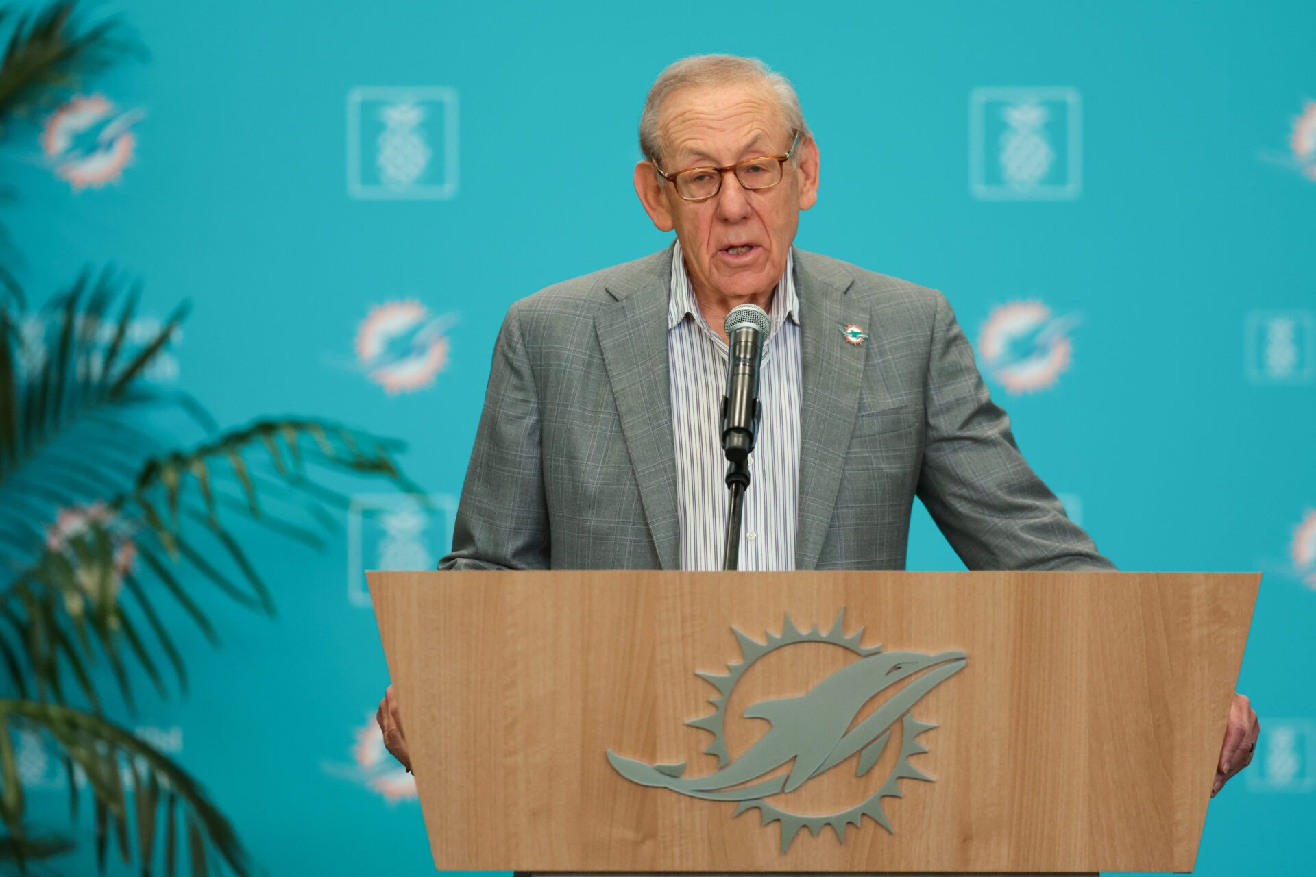 Miami Dolphins owner Stephen Ross speaks to reporters during an introductory press conference for the team new head coach Jeff Hafley (not pictured) and general manager Jon-Eric Sullivan (not pictured) at Baptist Health Training Complex.