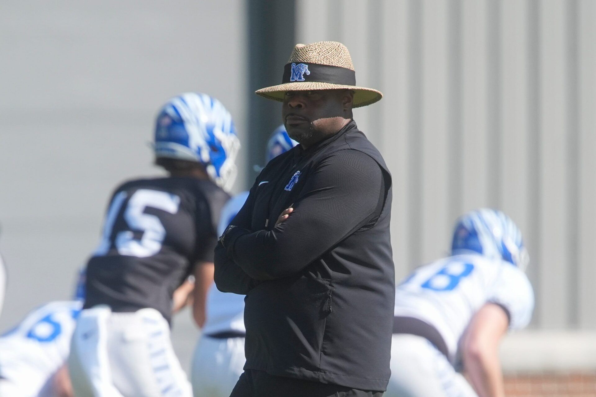 Memphis football head coach Charles Huff looks on during practice at the Billy J. Murphy Athletic Complex in Memphis, Tenn., on March 27, 2026.