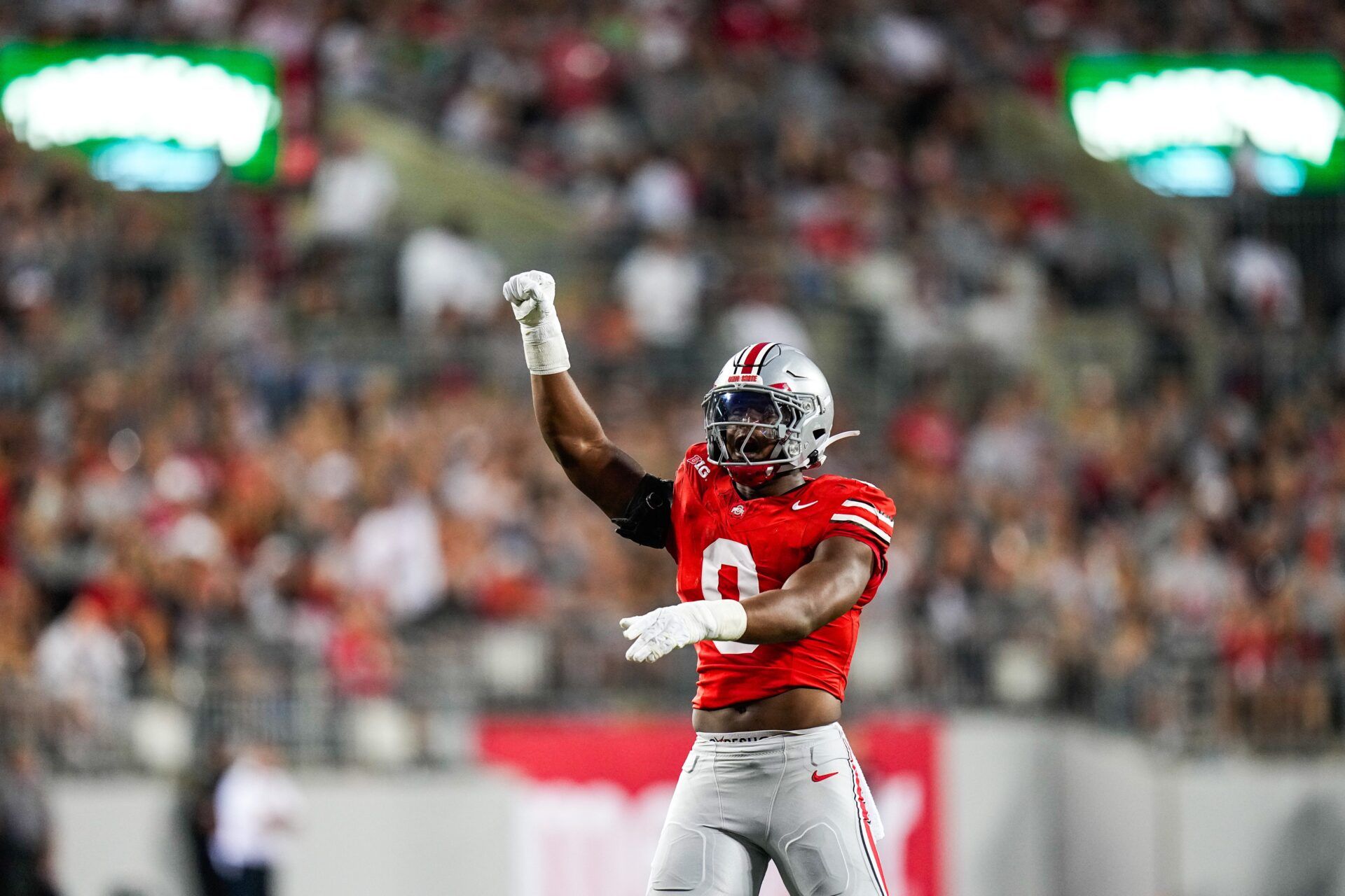 Ohio State Buckeyes linebacker Sonny Styles (0) reacts in the first half at the Ohio Stadium on Saturday, Sept. 13, 2025 in Columbus, Ohio.