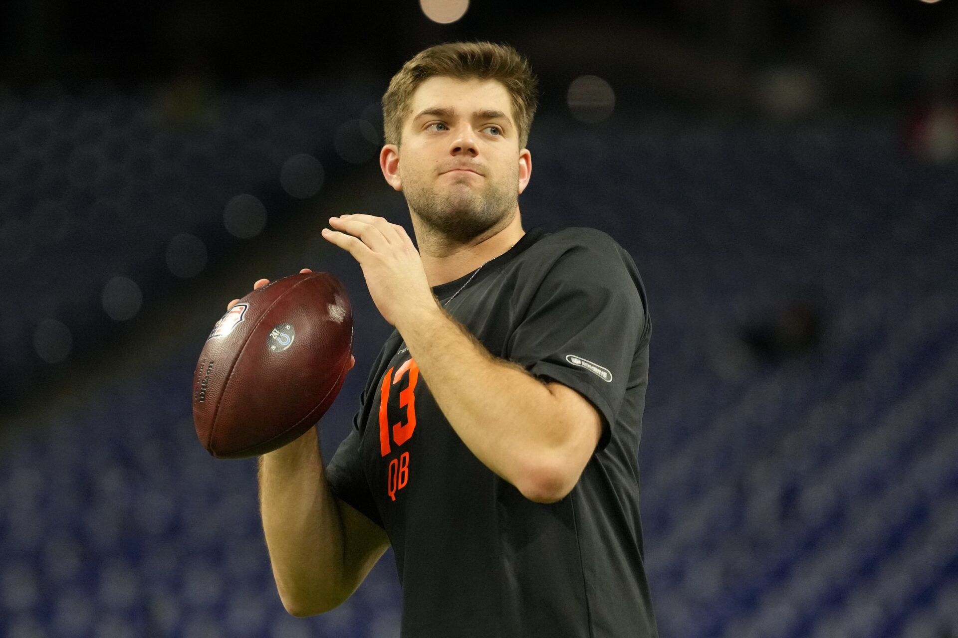 LSU quarterback Garrett Nussmeier (QB13) during the NFL Scouting Combine at Lucas Oil Stadium.