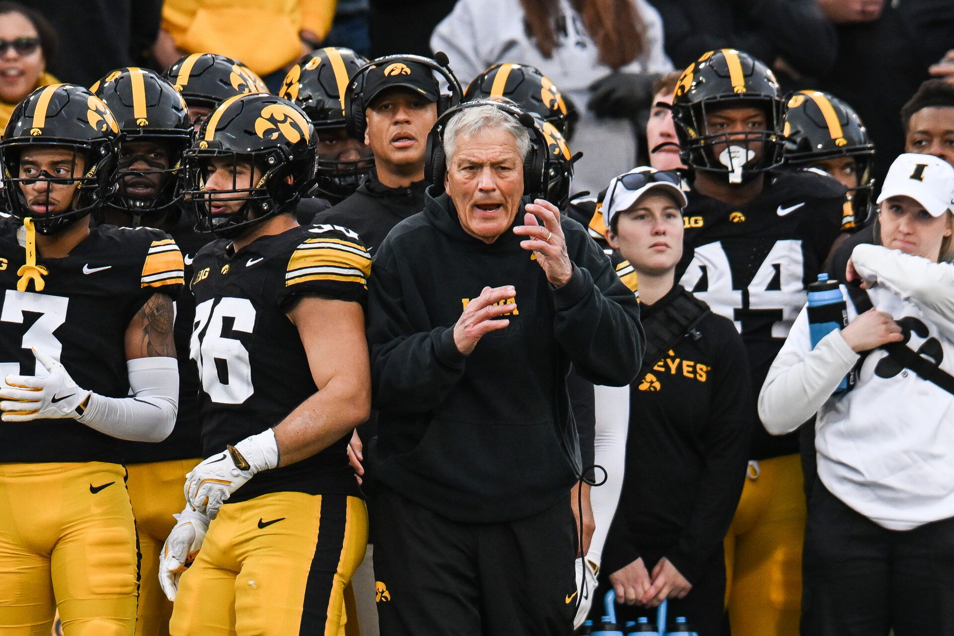 Iowa Hawkeyes head coach Kirk Ferentz reacts during the second quarter against the Michigan State Spartans at Kinnick Stadium.