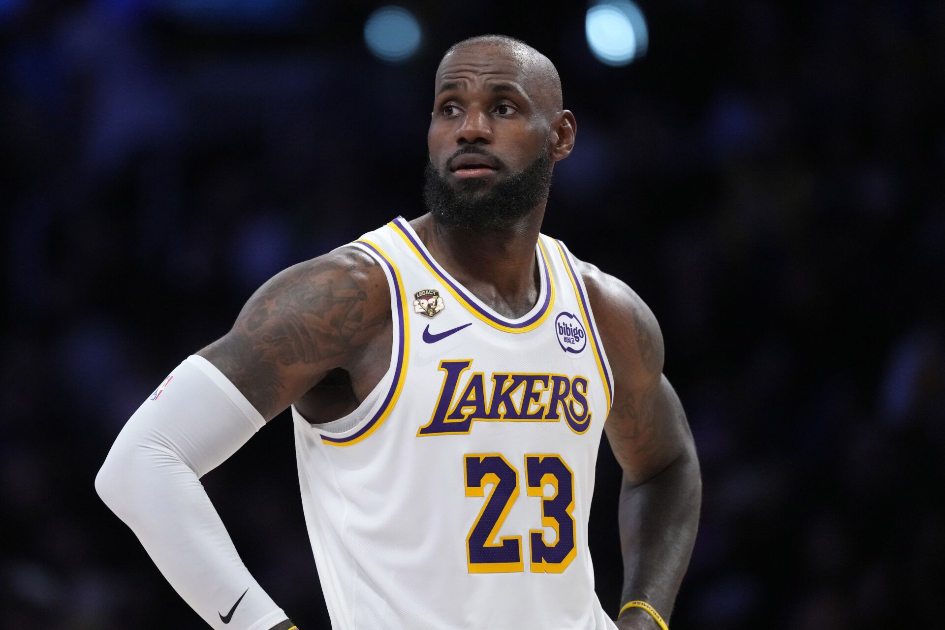 Los Angeles Lakers forward LeBron James (23) reacts in the first half against the Utah Jazz at Crypto.com Arena.