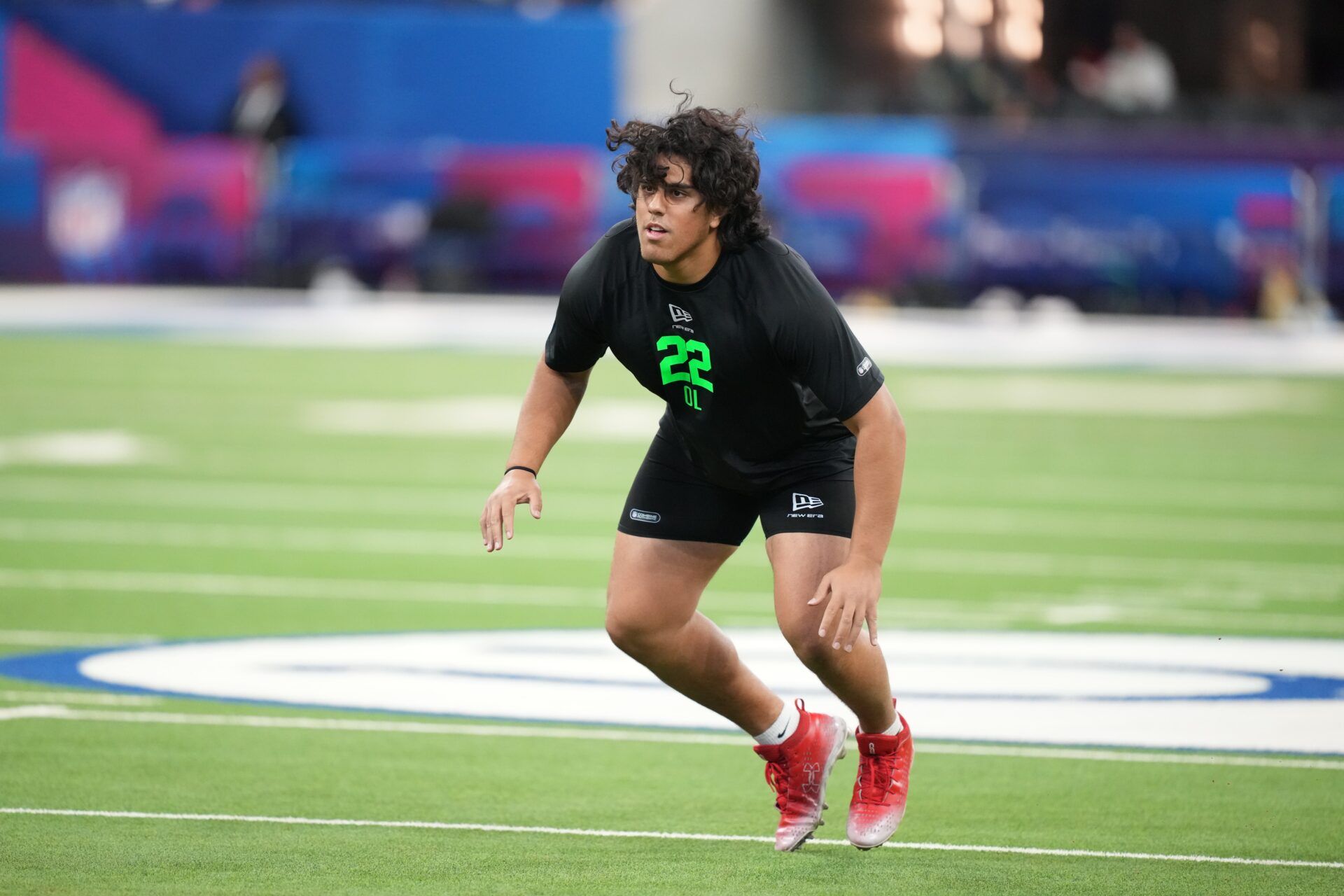 Utah offensive lineman Spencer Fano (OL22) during the NFL Scouting Combine at Lucas Oil Stadium.