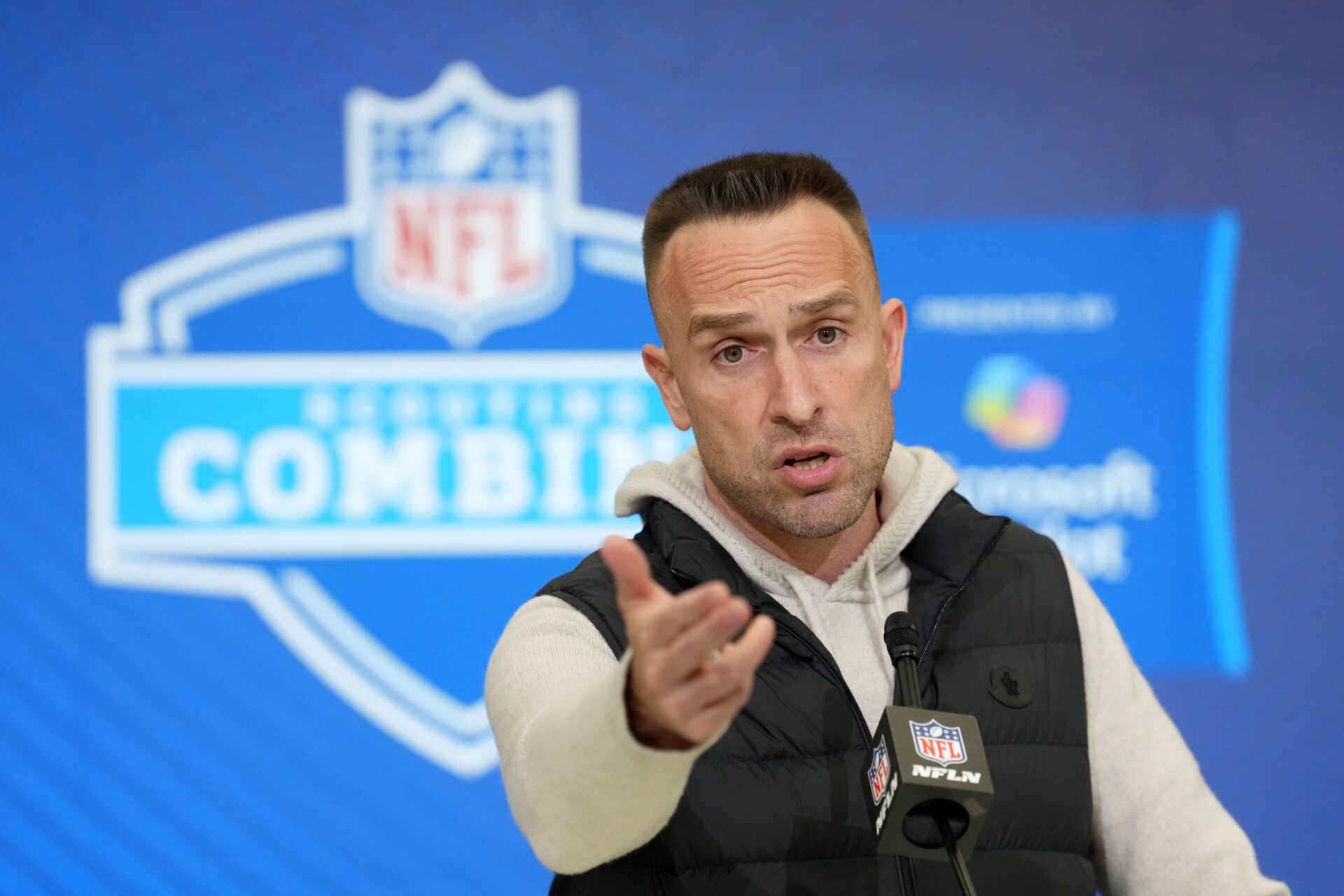 Miami Dolphins coach Jeff Hafley speaks at the NFL Scouting Combine at the Indiana Convention Center.