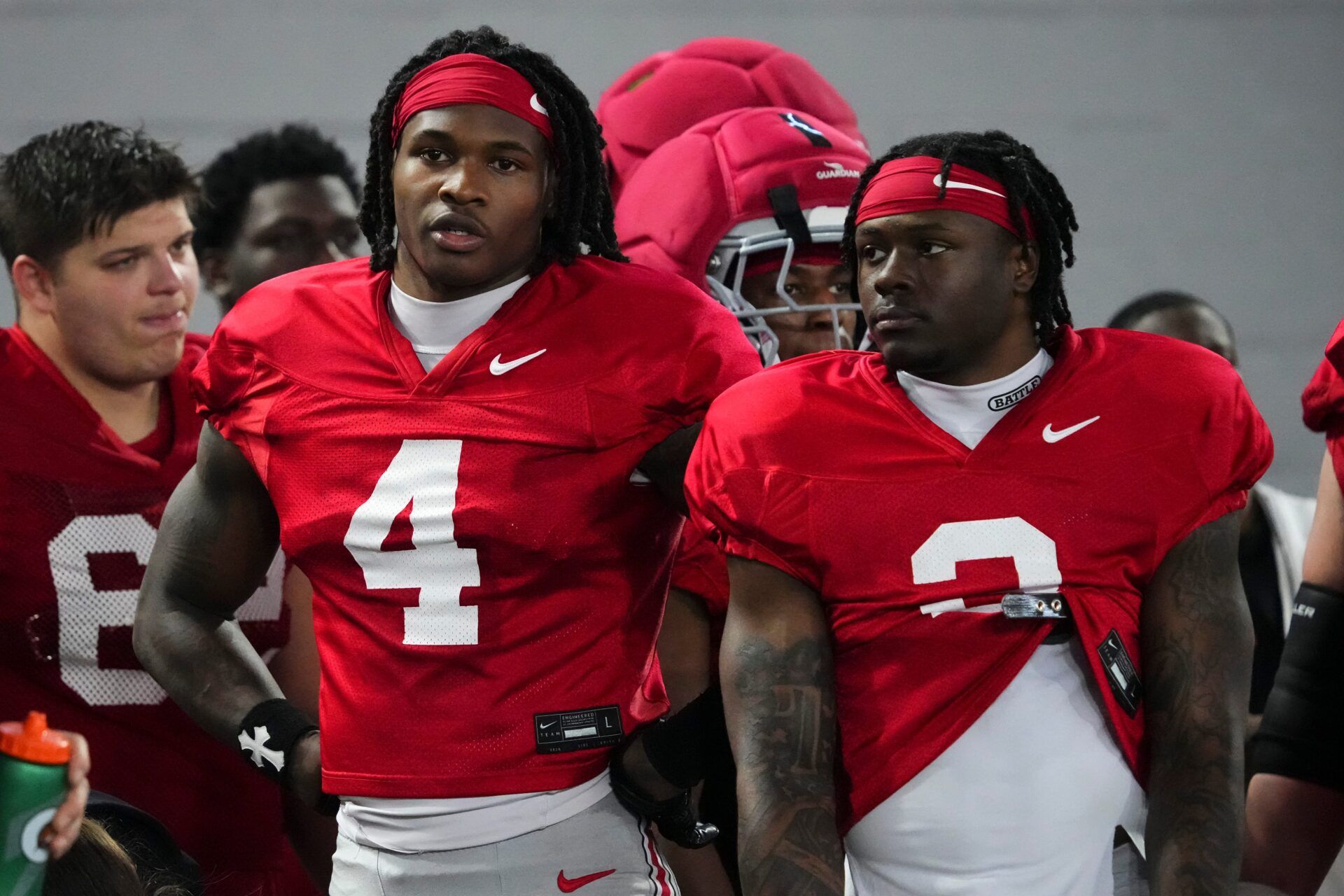 Ohio State Buckeyes wide receiver Jeremiah Smith (4) talks to running back Legend Bey (2) during Student Appreciation Day spring practice at the Woody Hayes Athletic Center on April 4, 2026.