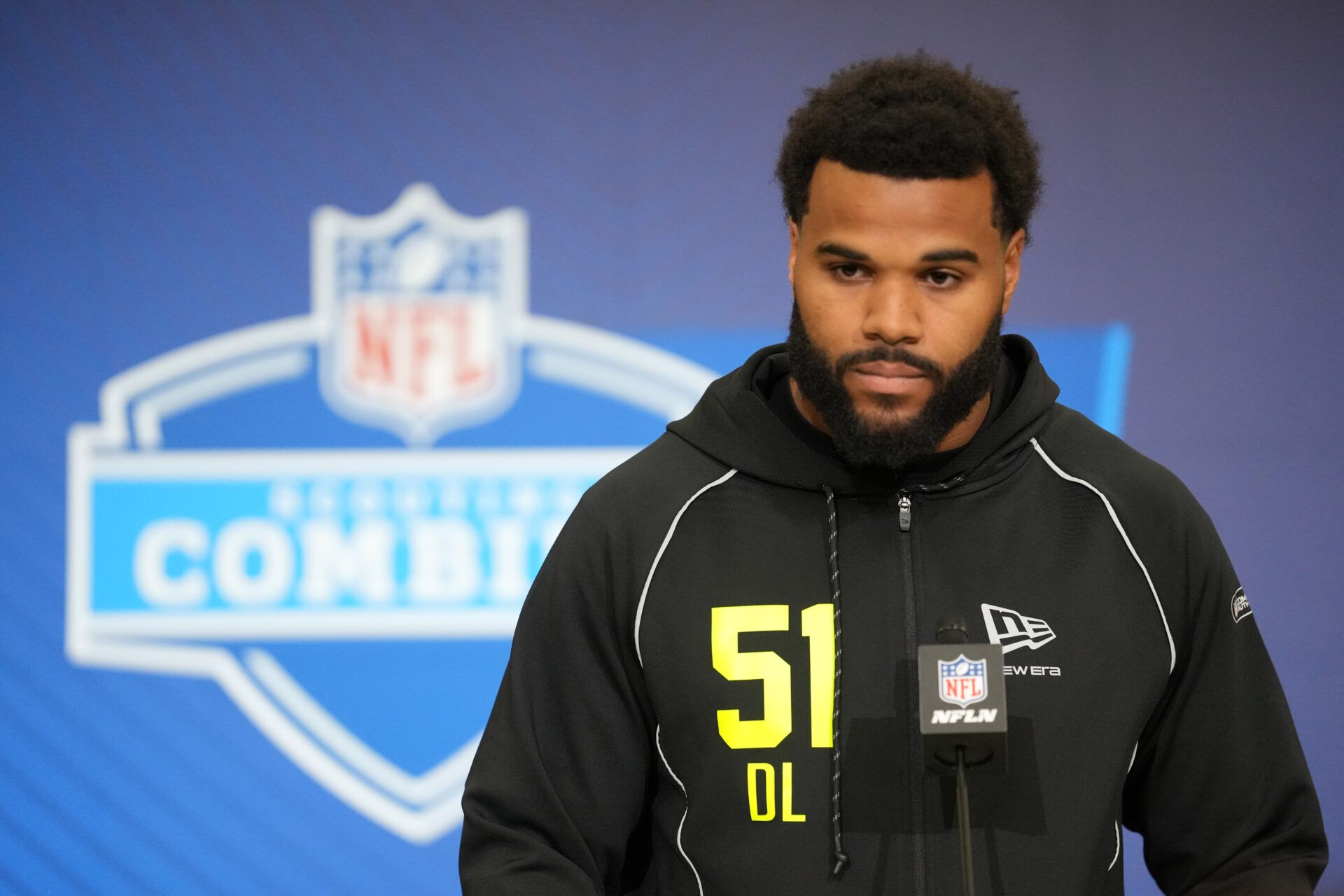 Miami defensive lineman Akheem Mesidor (DL51) speaks during the NFL Scouting Combine at the Indiana Convention Center.