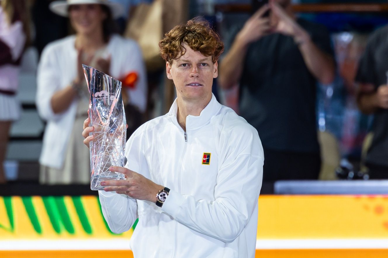 Jannik Sinner of Italy poses with the Butch Buchholz Championship Trophy after defeating Jiri Lehecka of the Czech Republic in the final of the men’s singles at the Miami Open at the Hard Rock Stadium.