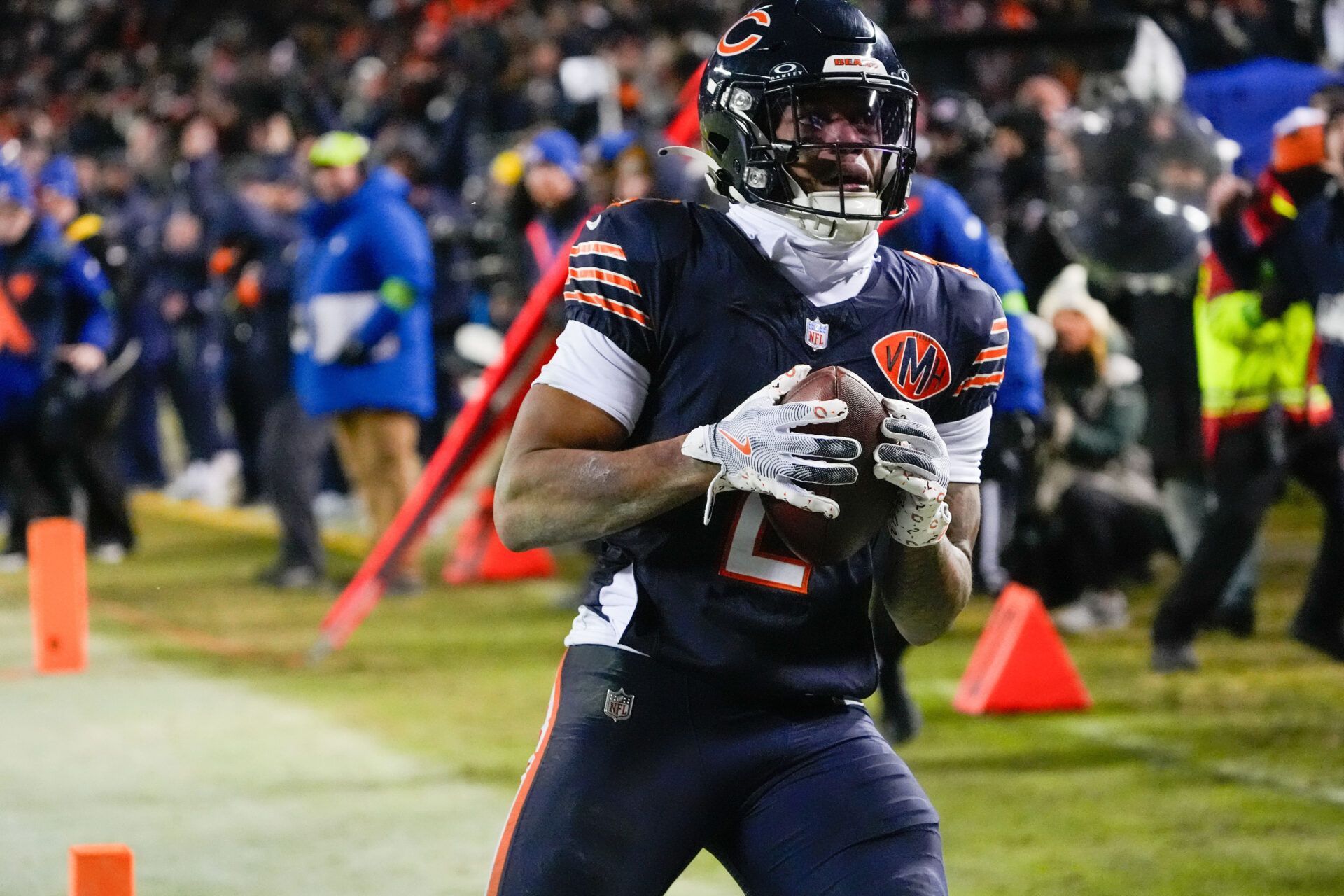 Chicago Bears wide receiver DJ Moore (2) makes the eventual game winning touchdown catch against the Green Bay Packers during the second half of an NFC Wild Card Round game at Soldier Field.