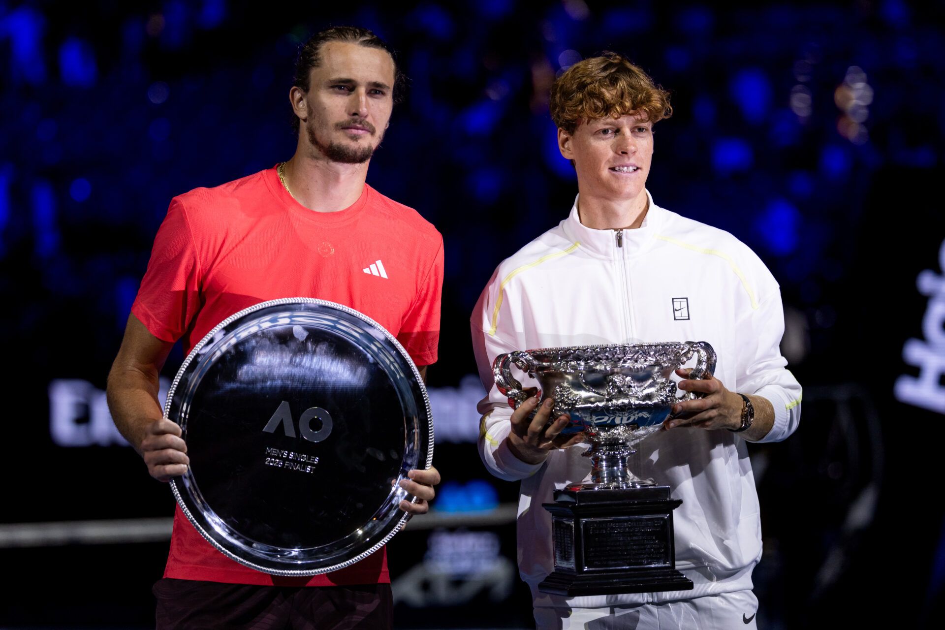 Jannik Sinner of Italy and Alexander Zverev of Germany during the prize presentation of the men's single final at the 2025 Australian Open at Melbourne Park.