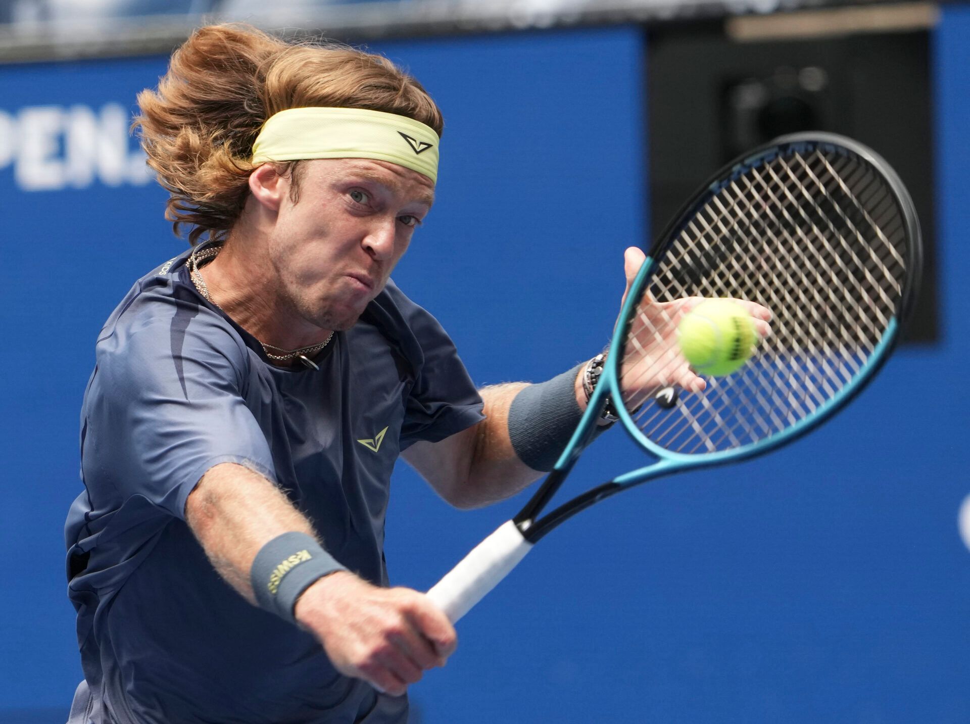 Andrey Rublev hits to Felix Auger-Aliassime (CAN) (not pictured) on day nine of the 2025 U.S. Open tennis tournament at the USTA Billie Jean King National Tennis Center.