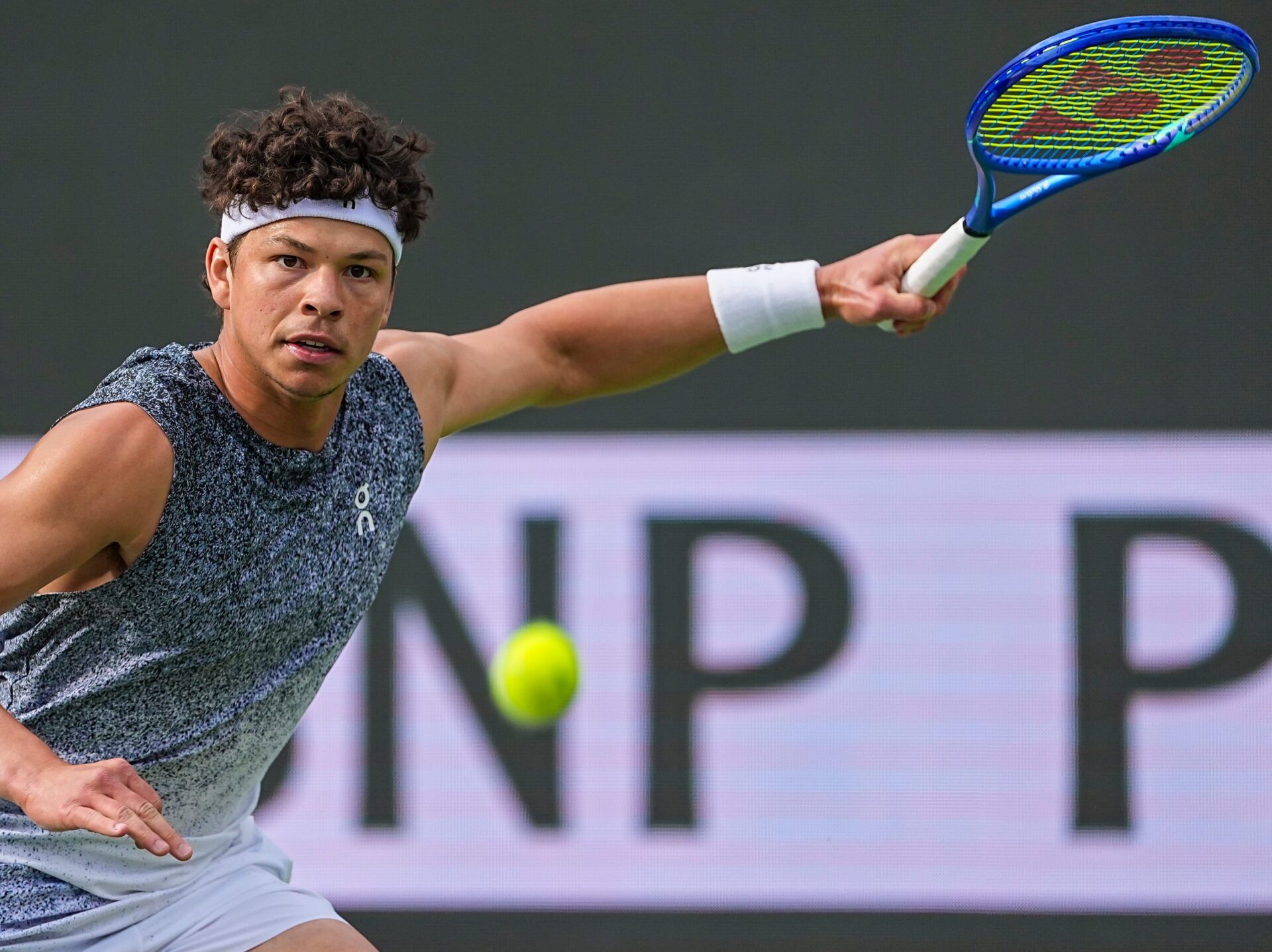 Ben Shelton keeps his eyes on the ball during his second-round match against Reilly Opelka at the BNP Paribas Open in Indian Wells, Calif., Friday, March 6, 2026.